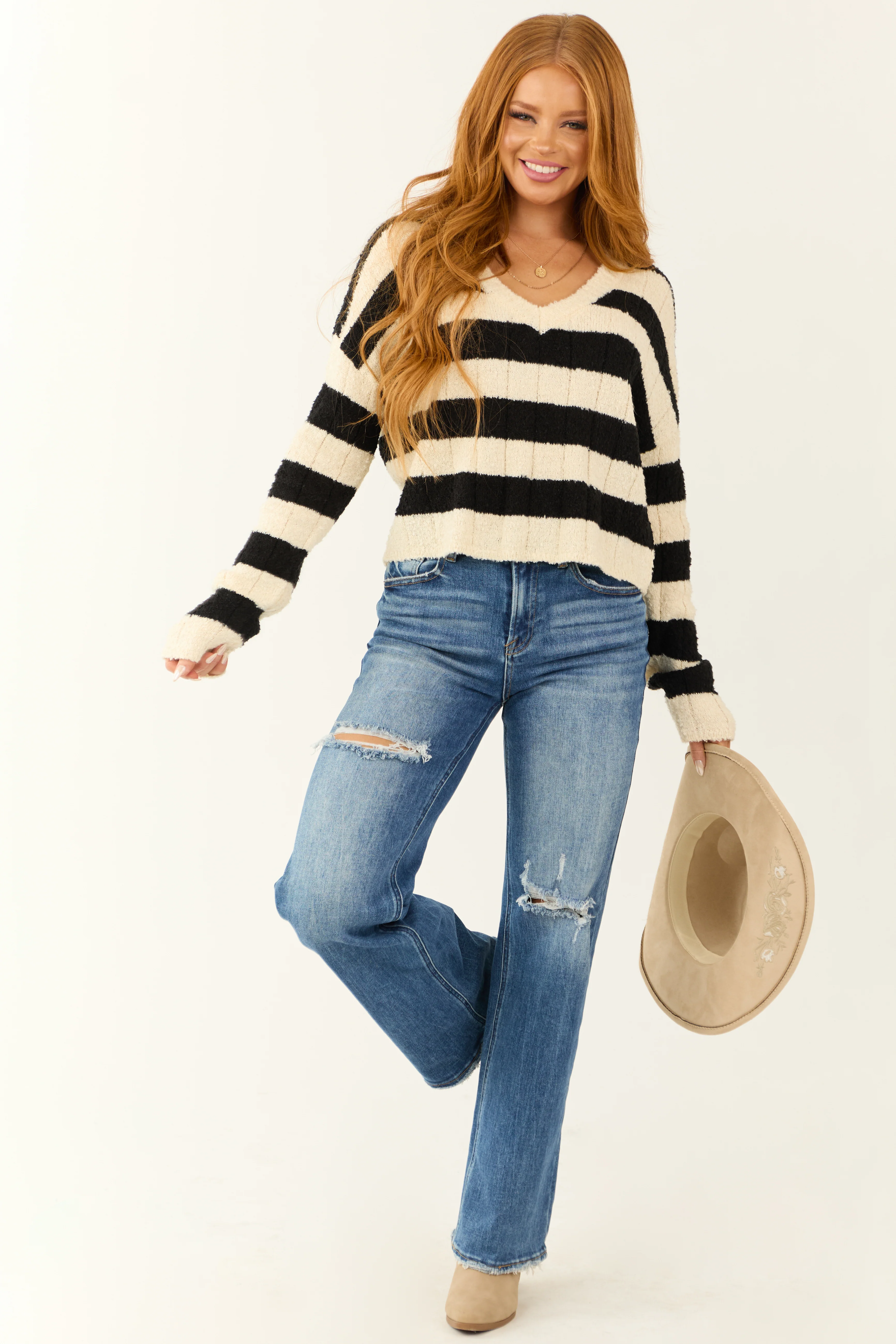 Cream and Black Striped V Neck Knit Sweater - LD SALE