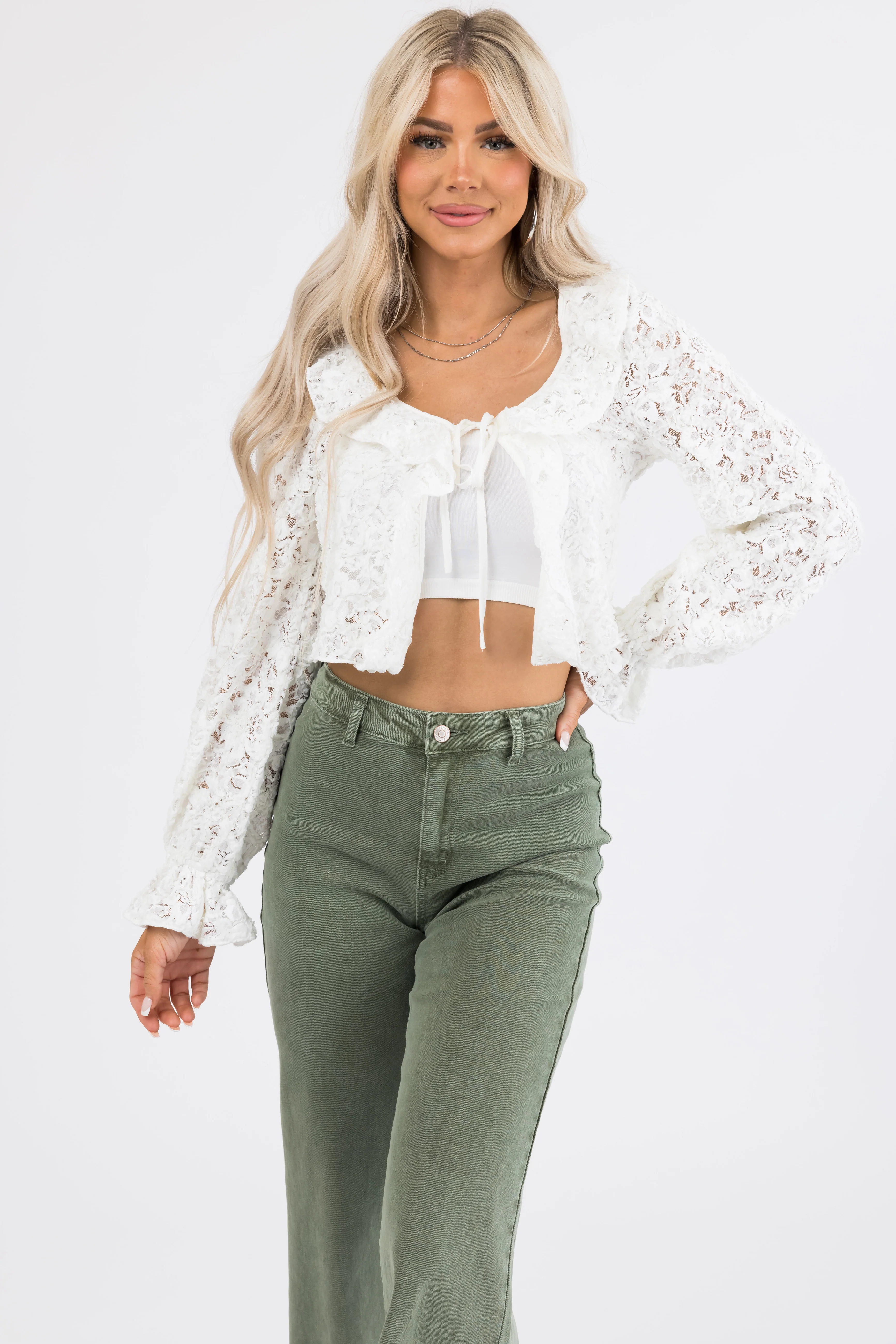 Ivory Lace Long Sleeve Ruffle Top - LD SALE