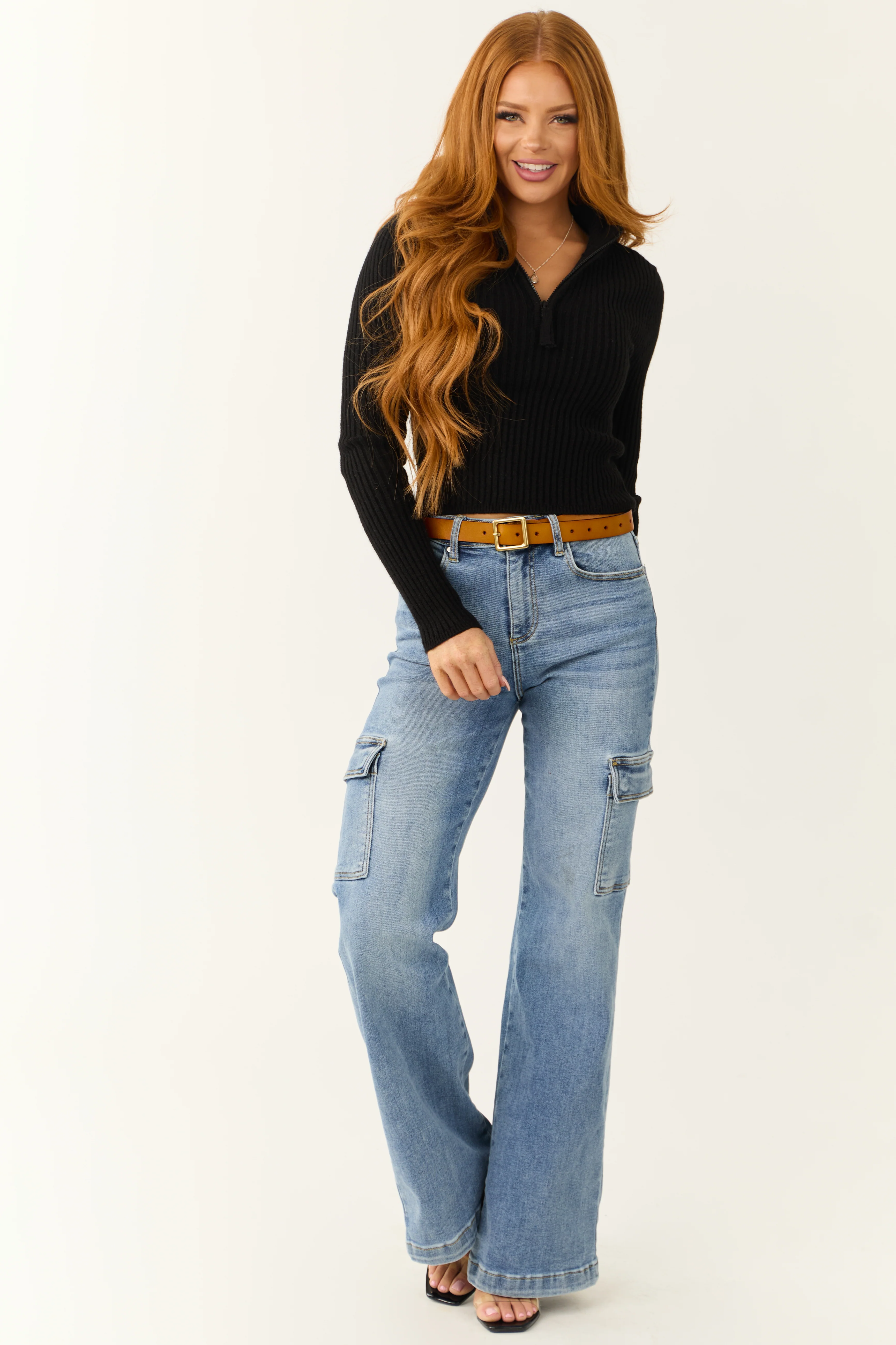 Black Ribbed Knit Half Zip Fitted Top - LD SALE