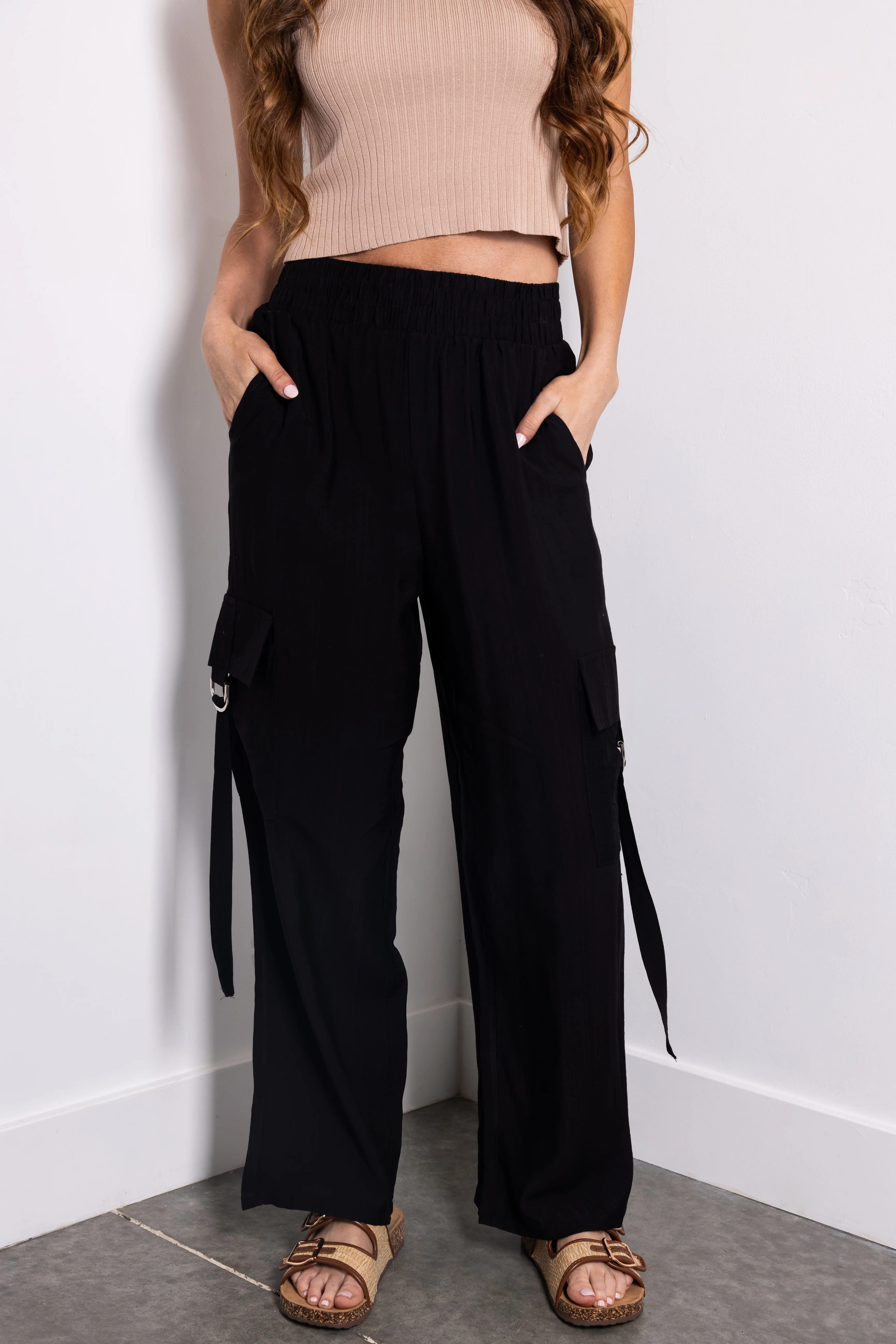 Black Faux Linen Wide Leg Cargo Pants - LD SALE
