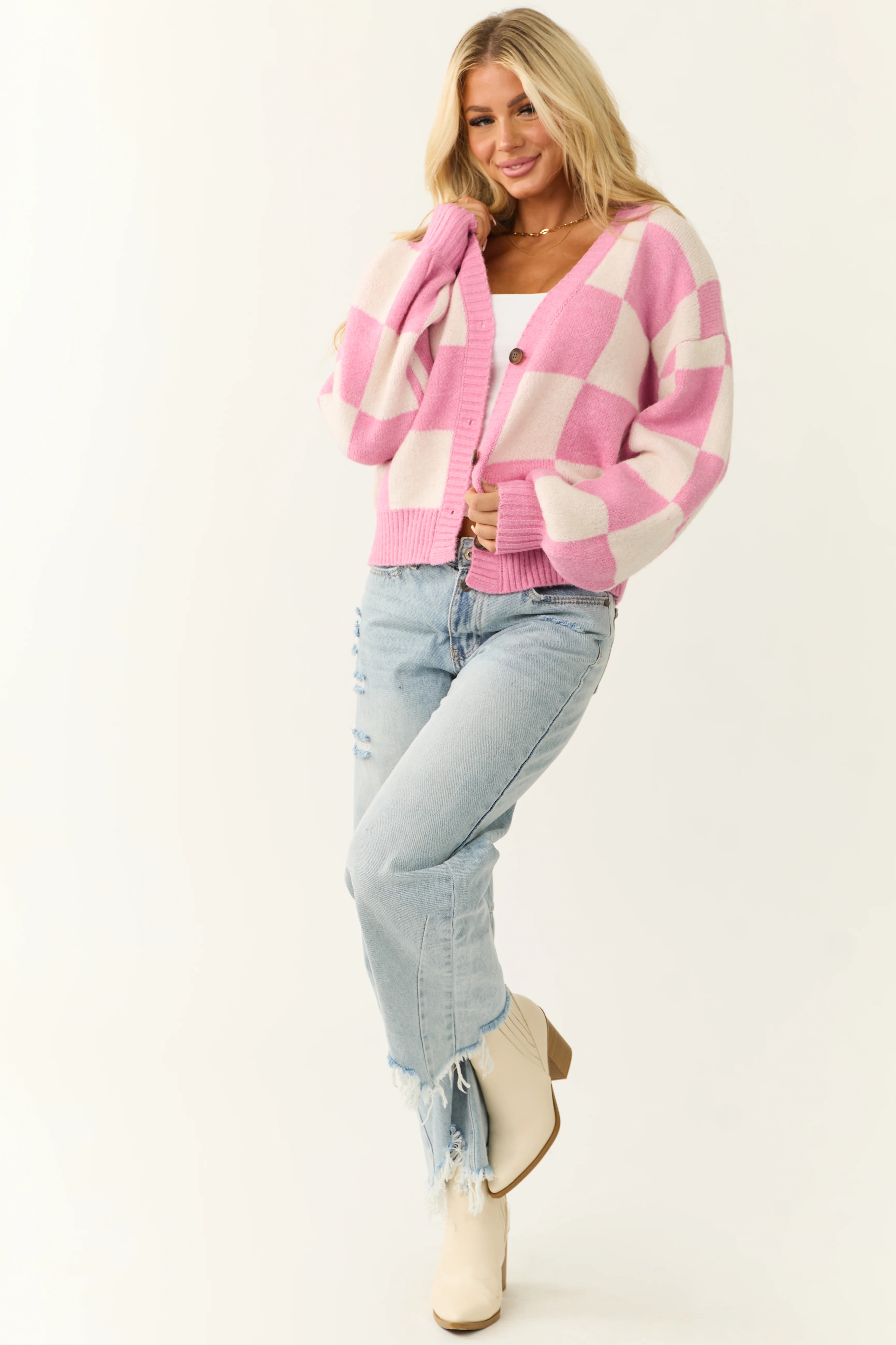 Bubblegum and Cream Checkered Print Cardigan - LD SALE