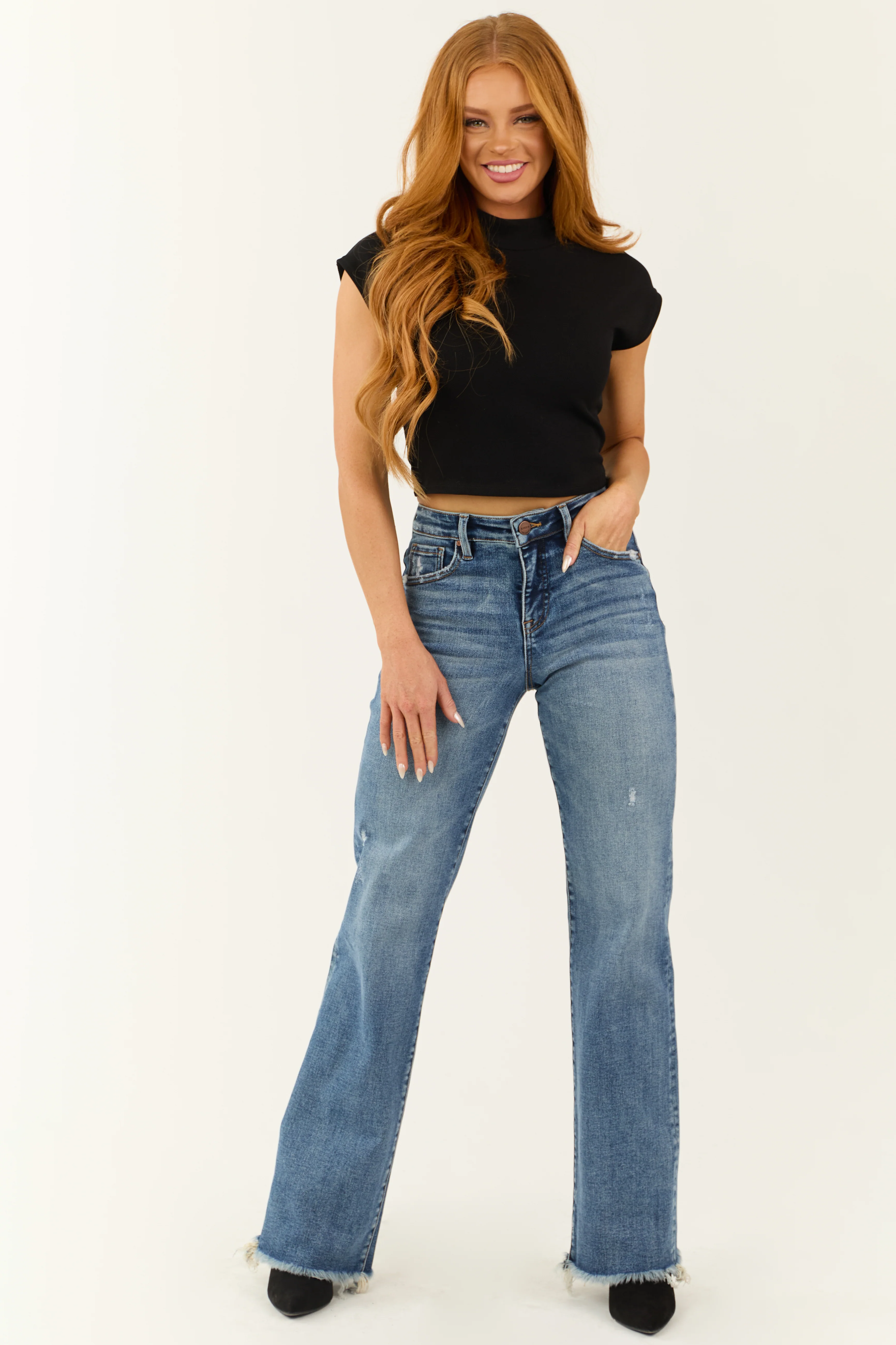 Black Mock Neck Cap Sleeve Knit Crop Top - LD SALE