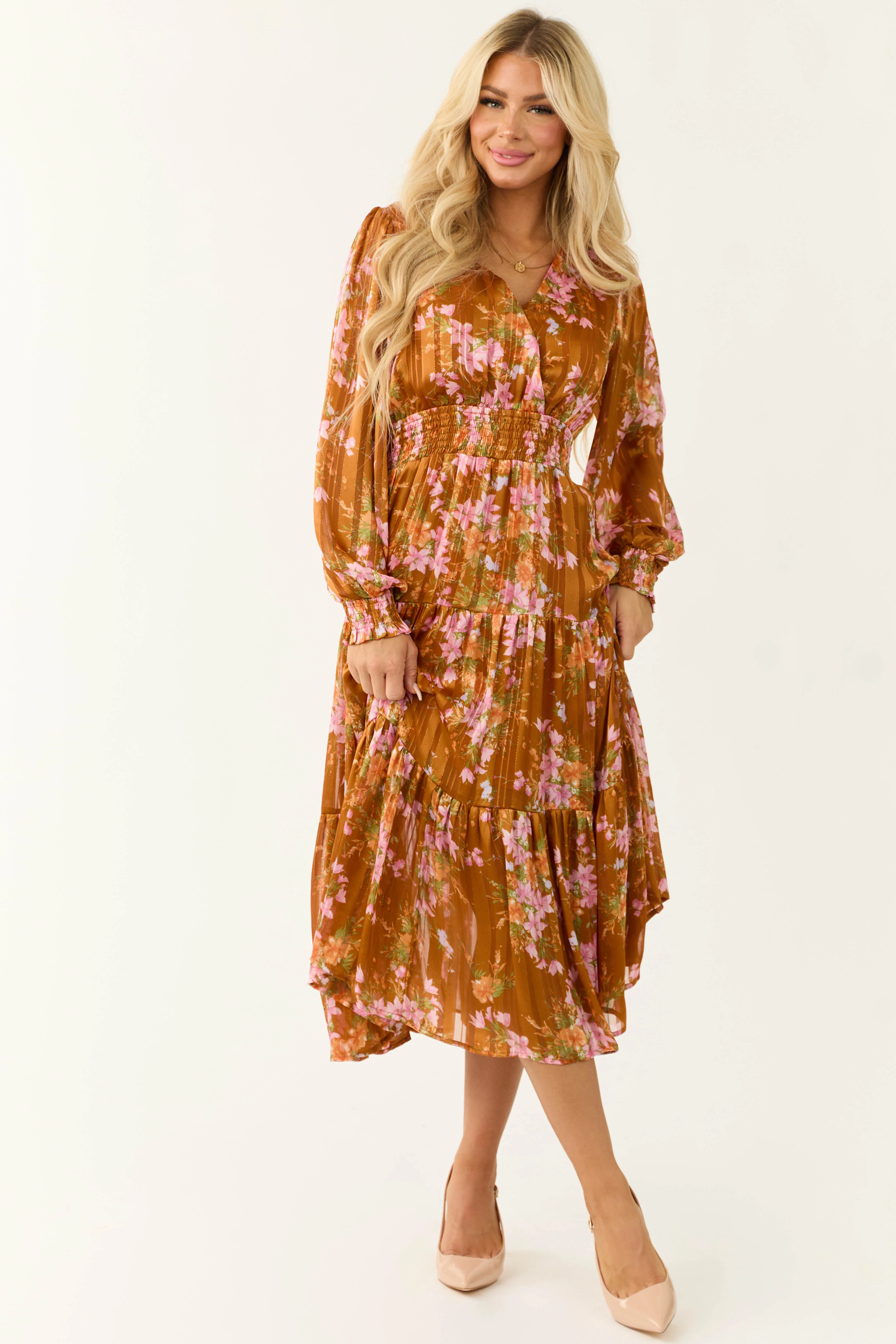 Sedona Floral Print Tiered Satin Midi Dress - LD SALE
