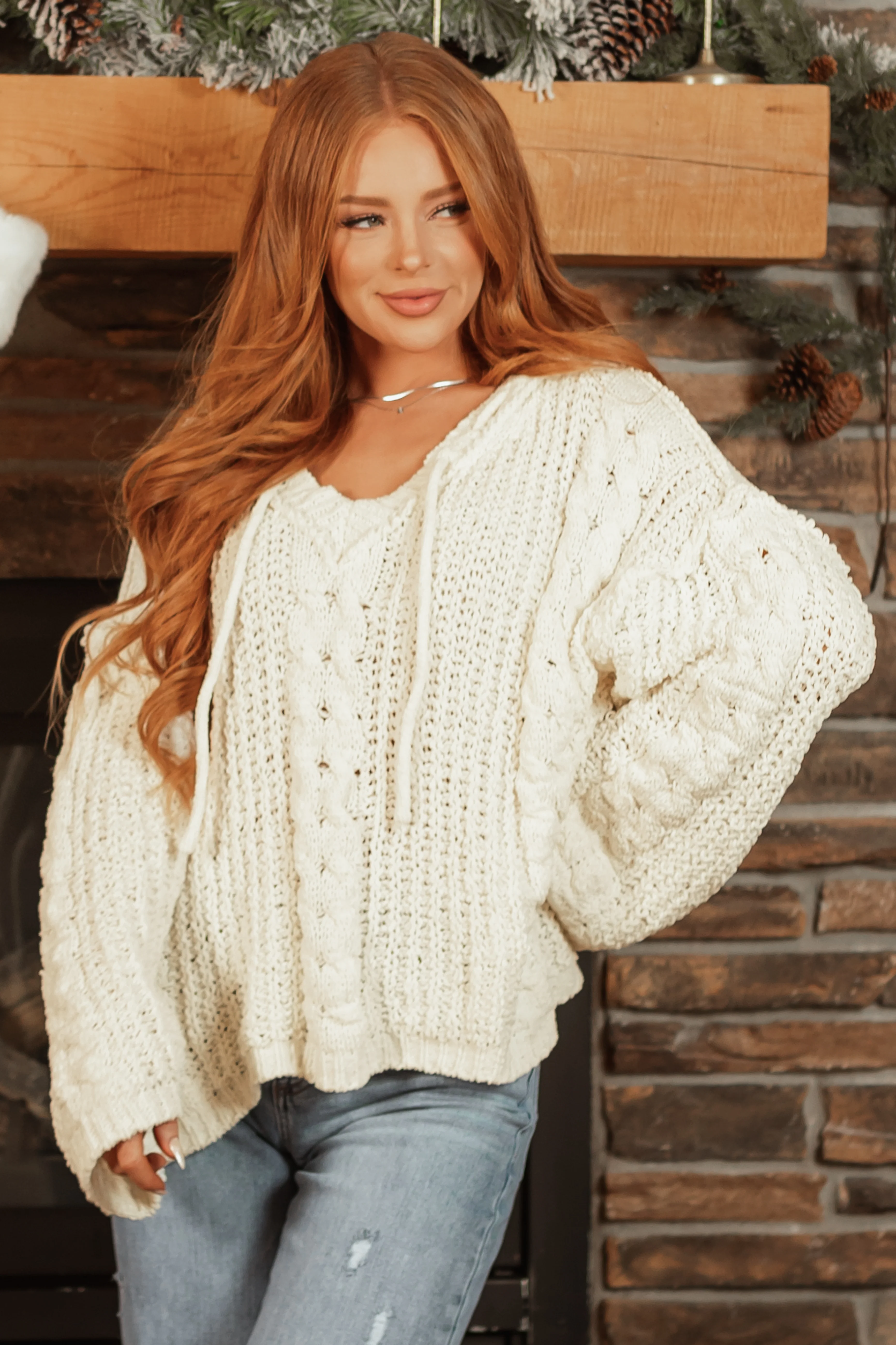 Cream Tie Neckline Detail Hooded Sweater - LD SALE
