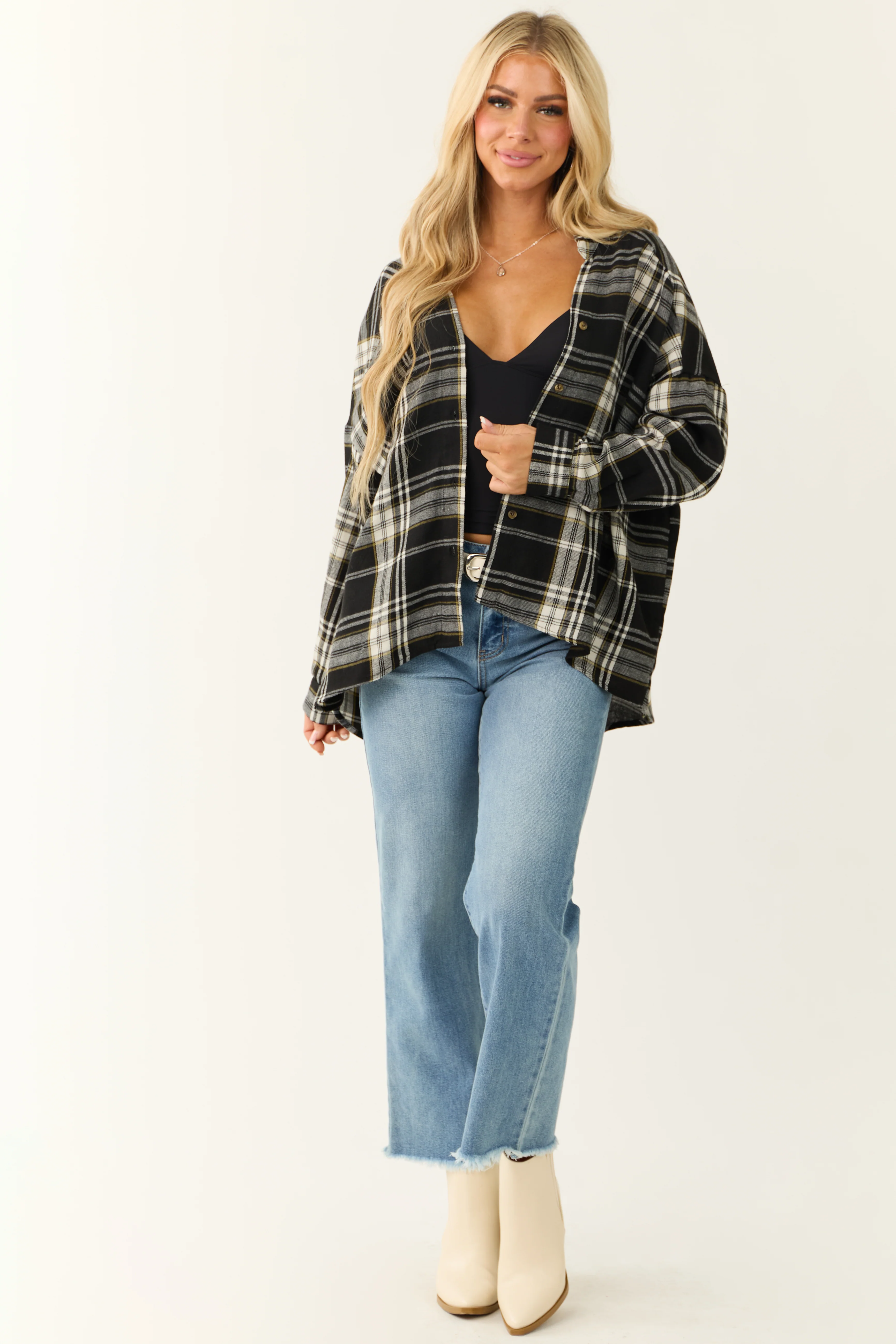 Black Plaid Button Down Long Sleeve Top - LD SALE