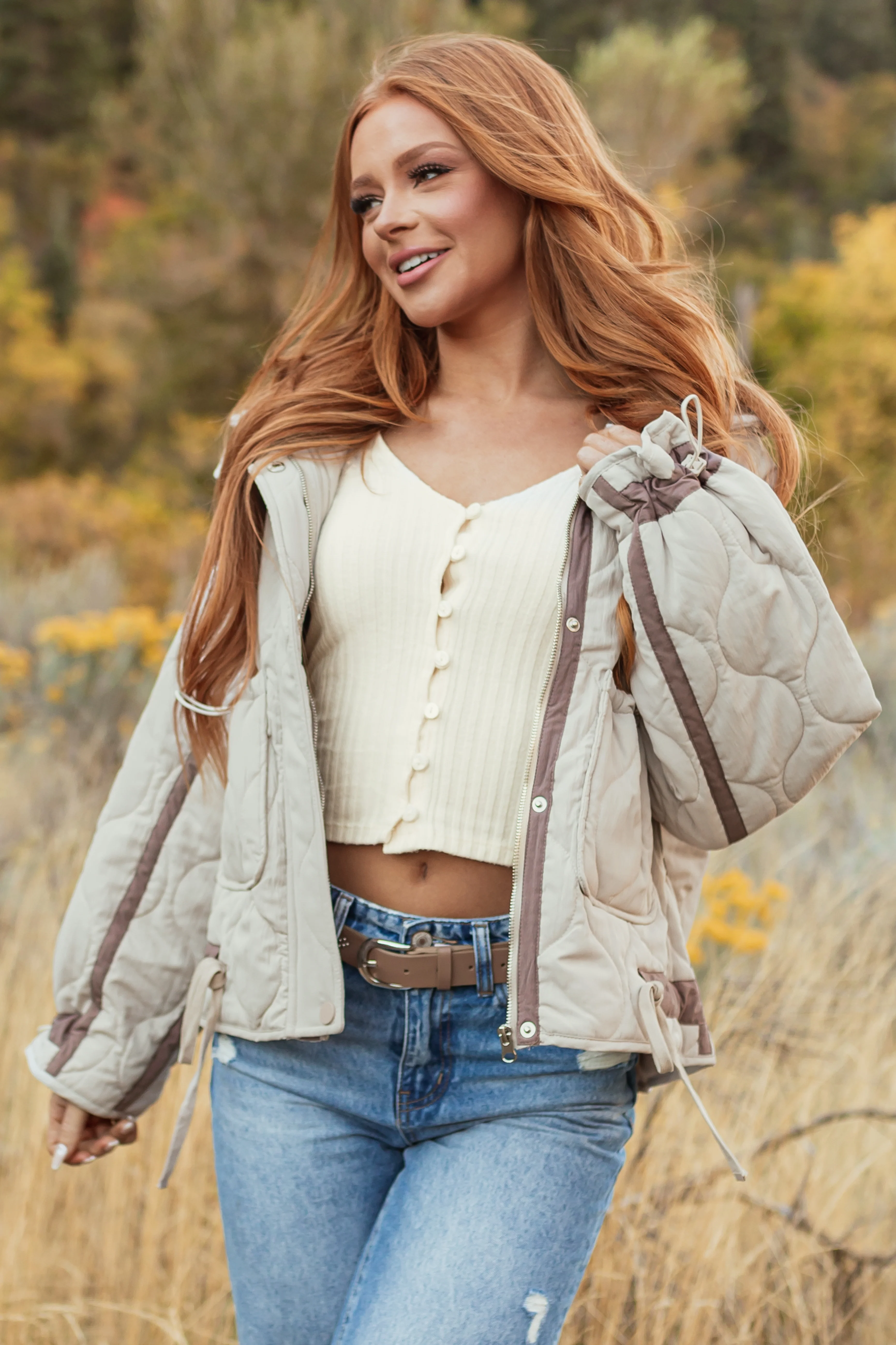 Almond Button Down Collared Puffer Jacket - LD SALE