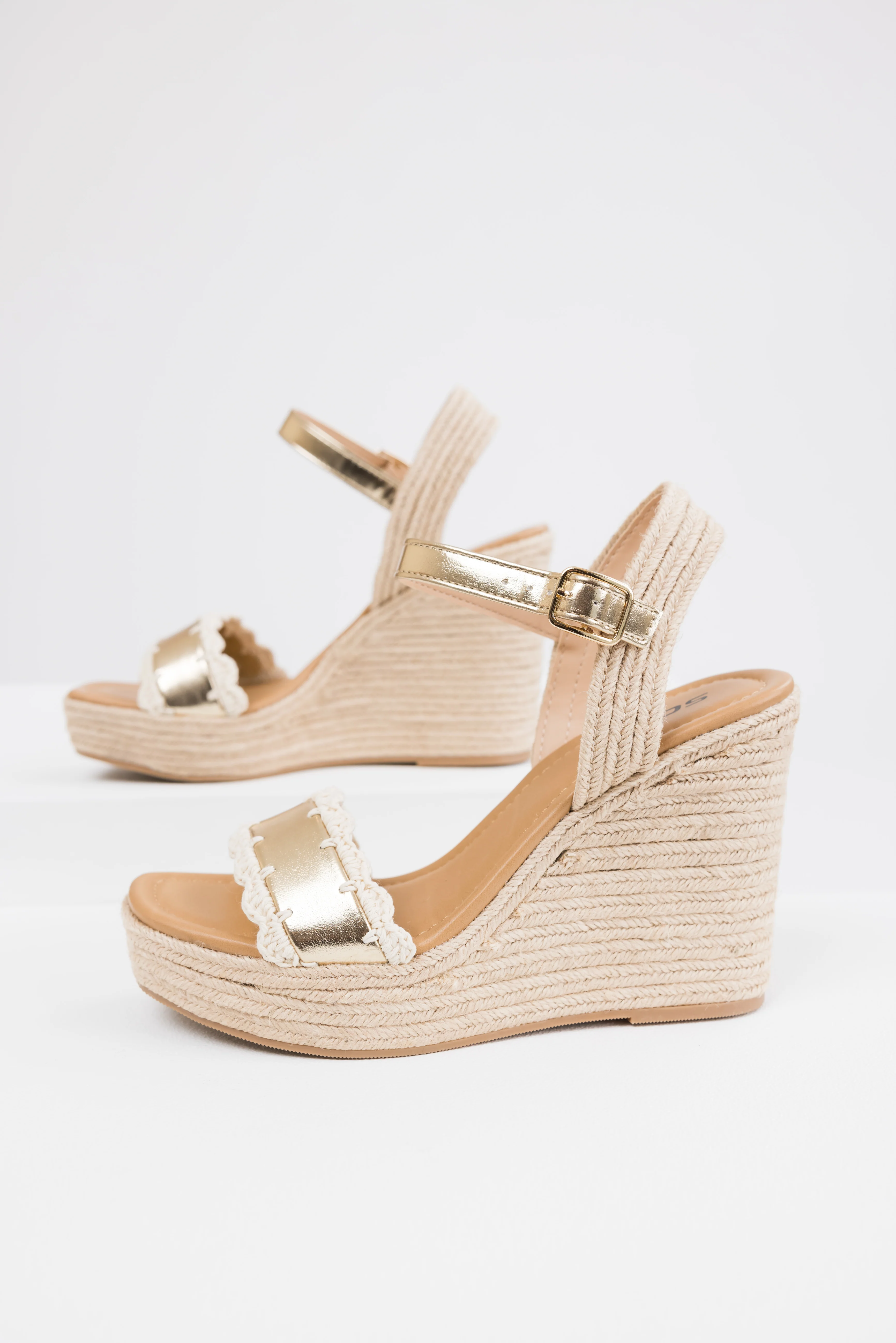 Gold Crochet Trim Strap Espadrille Wedges - LD SALE