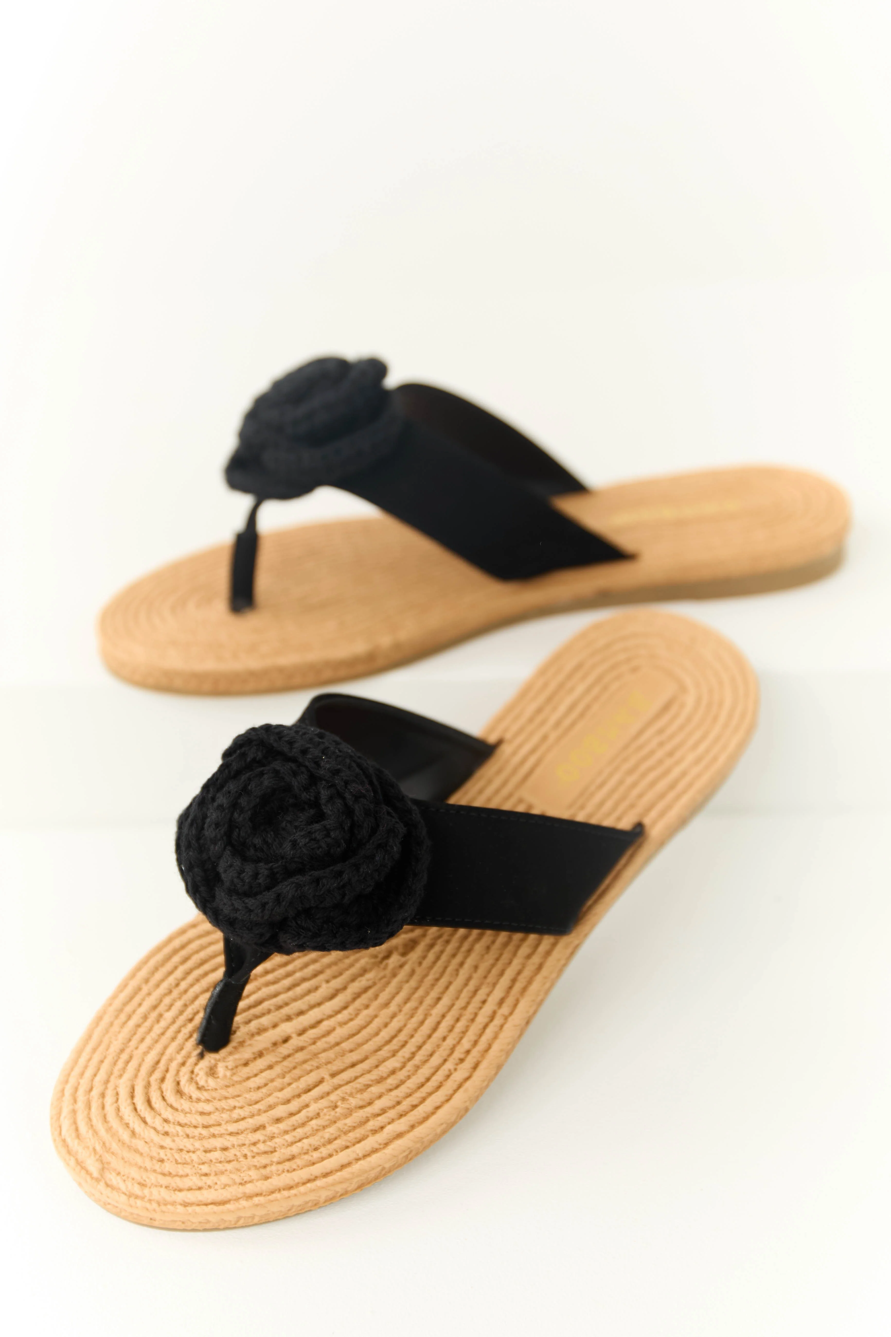 Black Open Toed Crochet Flower Woven Sandals - LD SALE