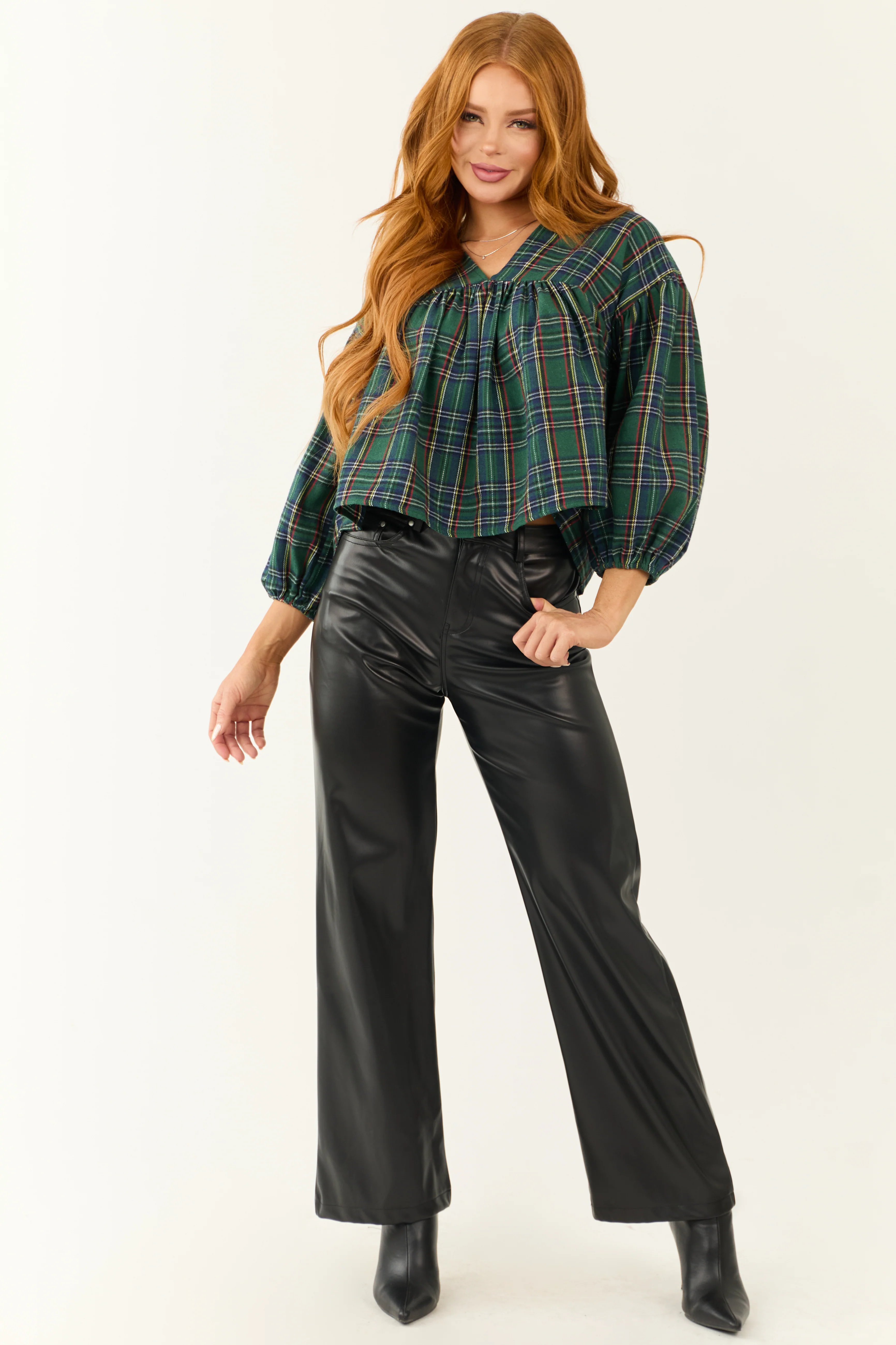 Pine Plaid Long Sleeve Top with Tie Back - LD SALE