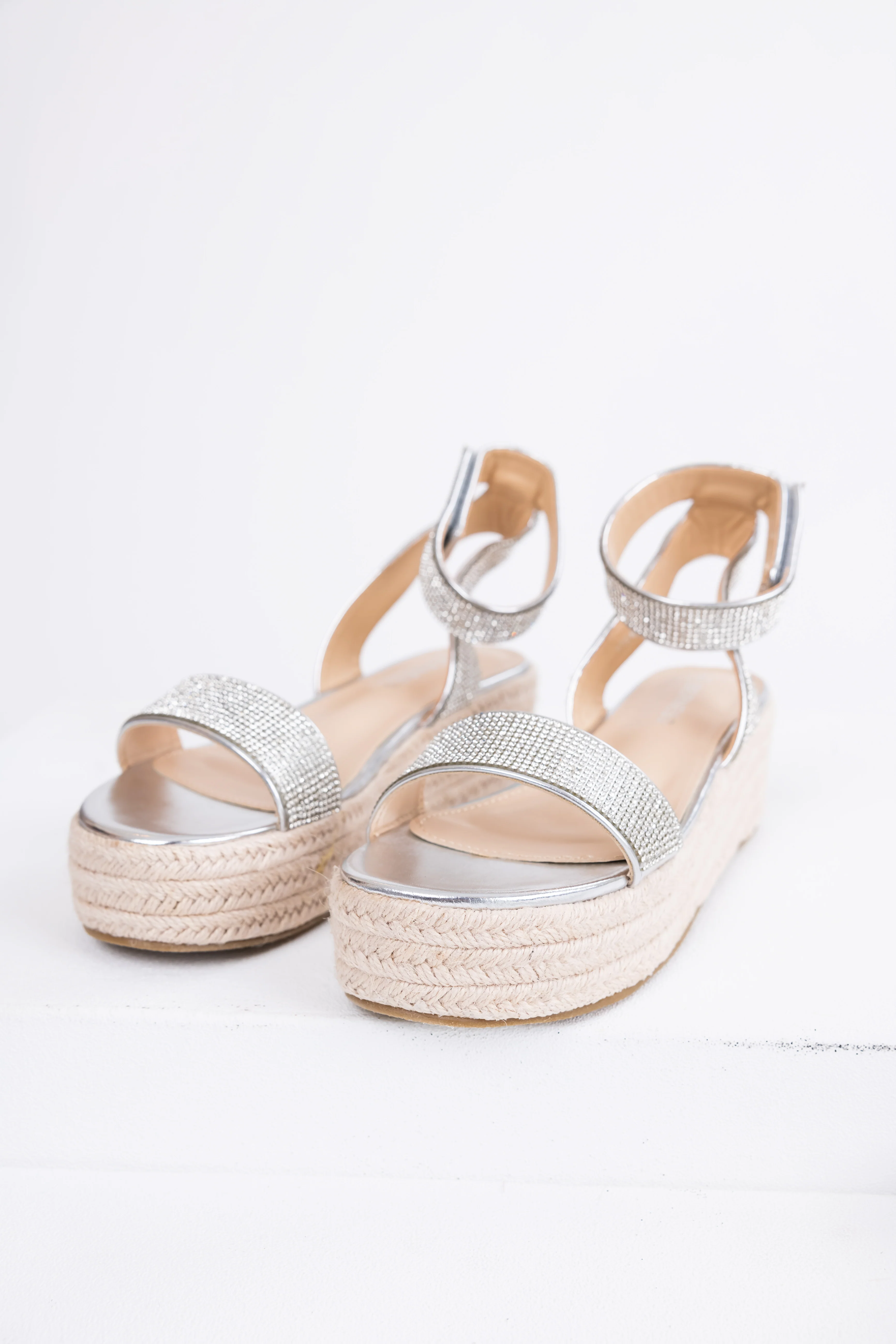 Silver Rhinestone Espadrille Platform Sandals - LD SALE