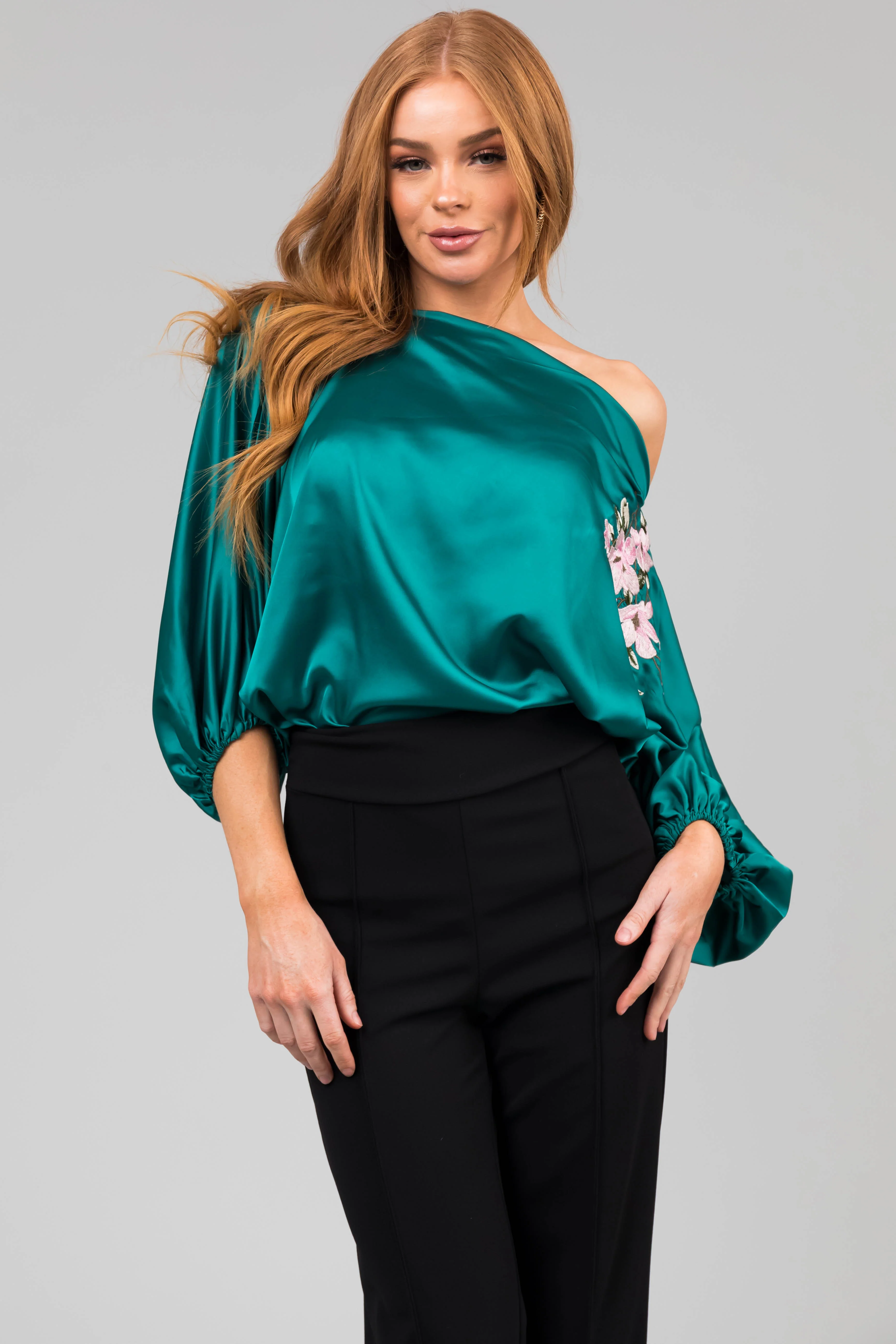 Jungle Green Floral Embroidery Satin Blouse - LD SALE