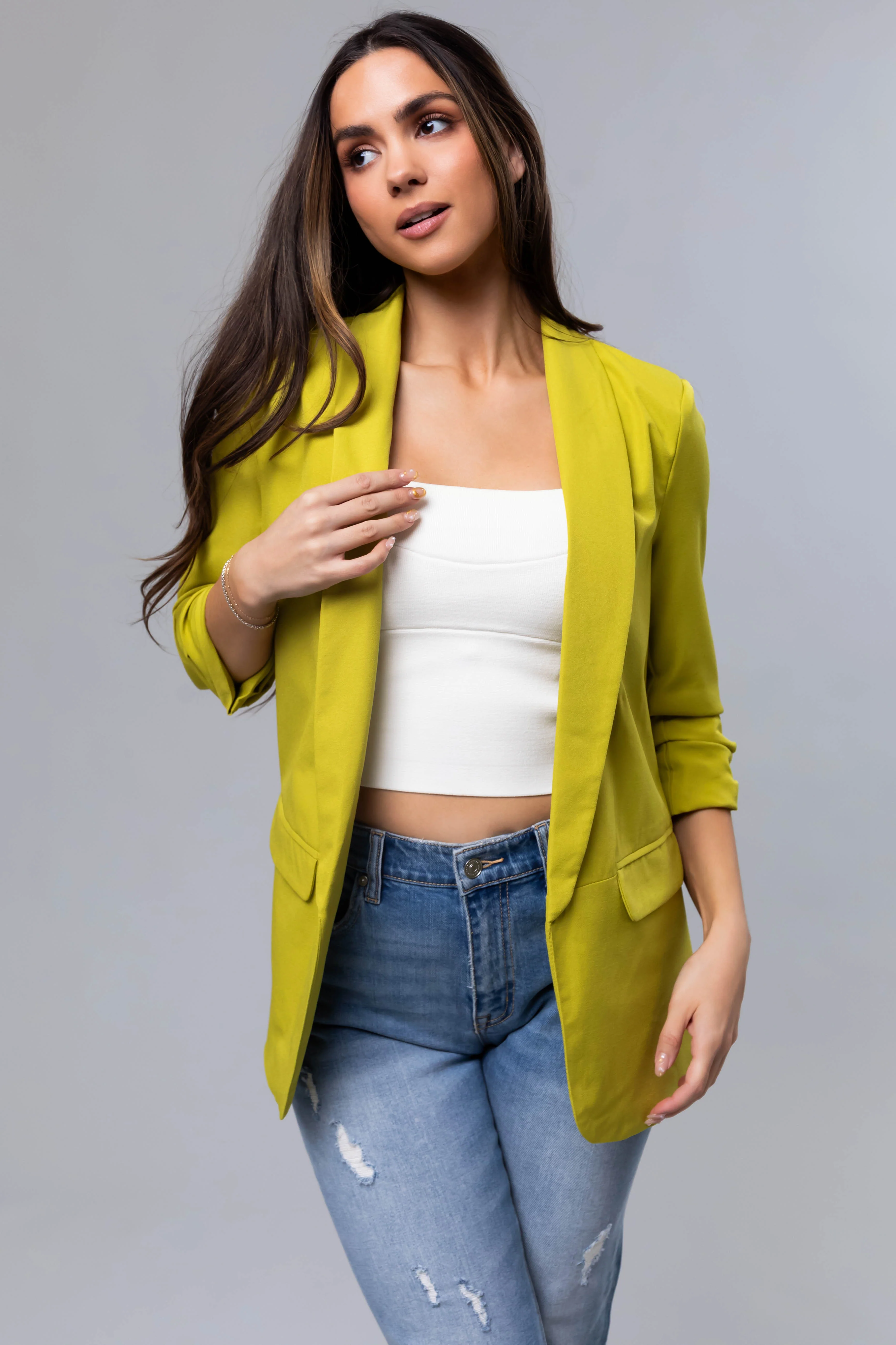 Lime Ruched 3/4 Sleeve Open Front Blazer - LD SALE
