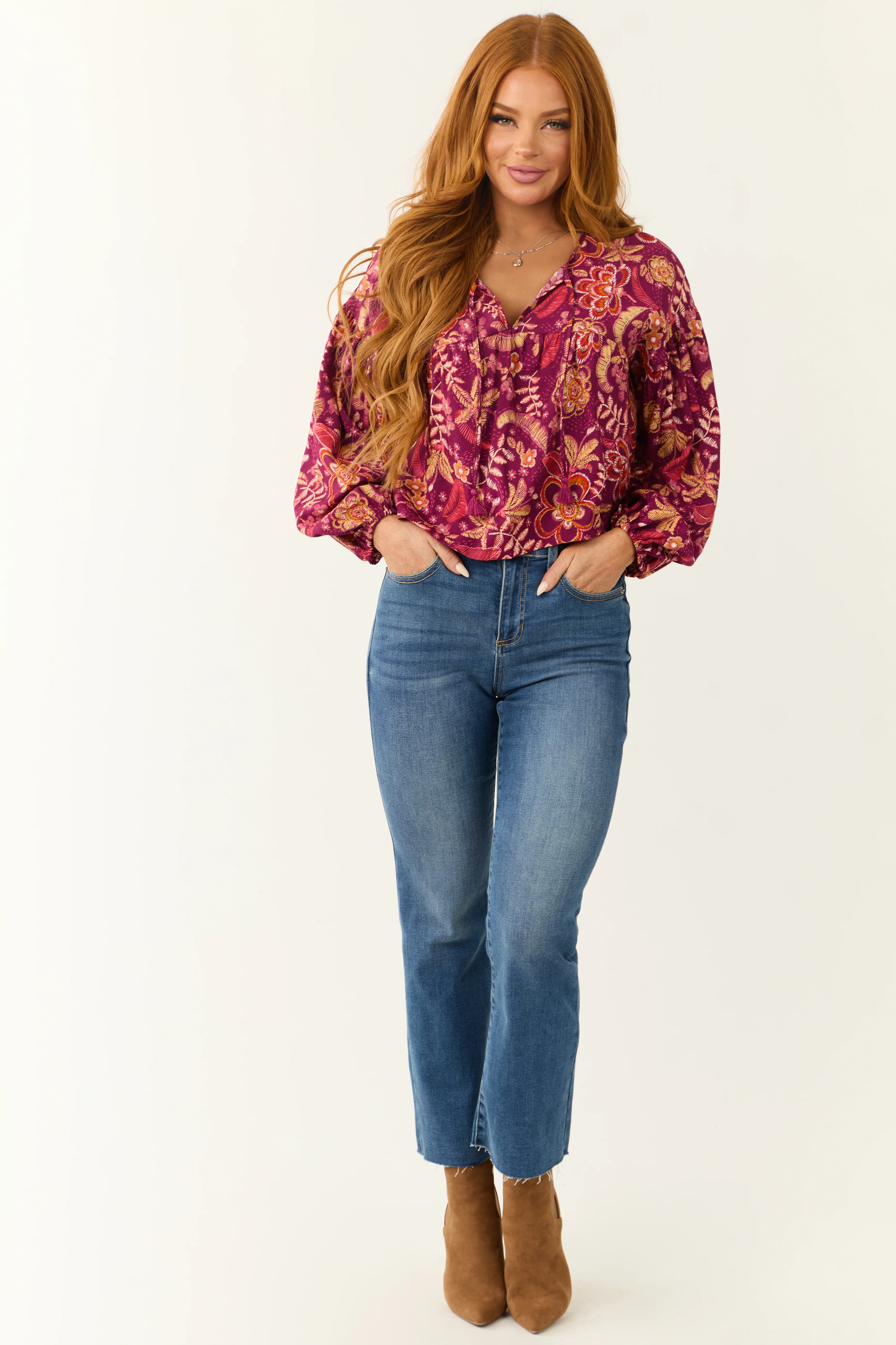 Berry Floral Print Long Sleeve Front Tie Top - LD SALE