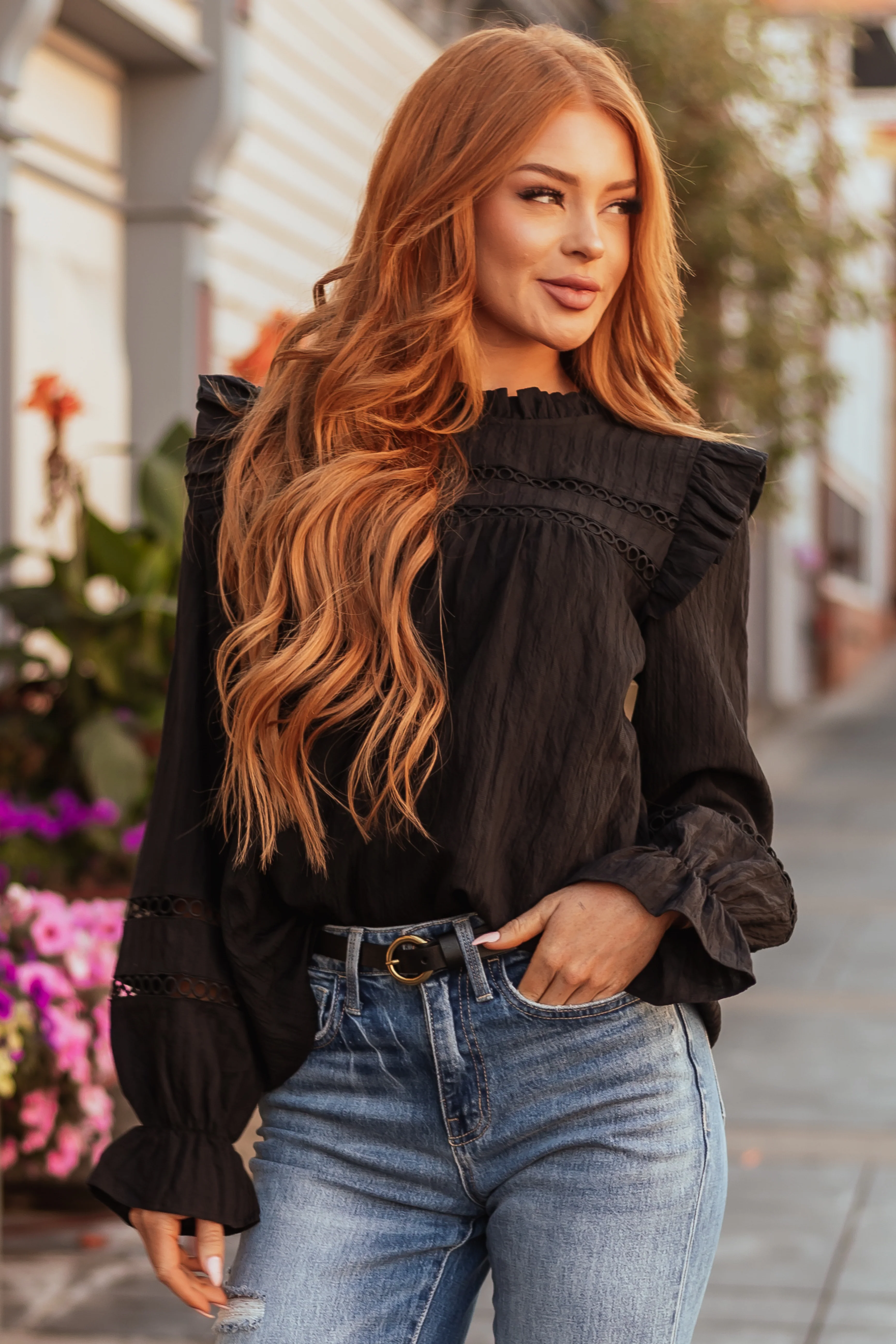 Black Frill Neck Long Sleeve Blouse - LD SALE