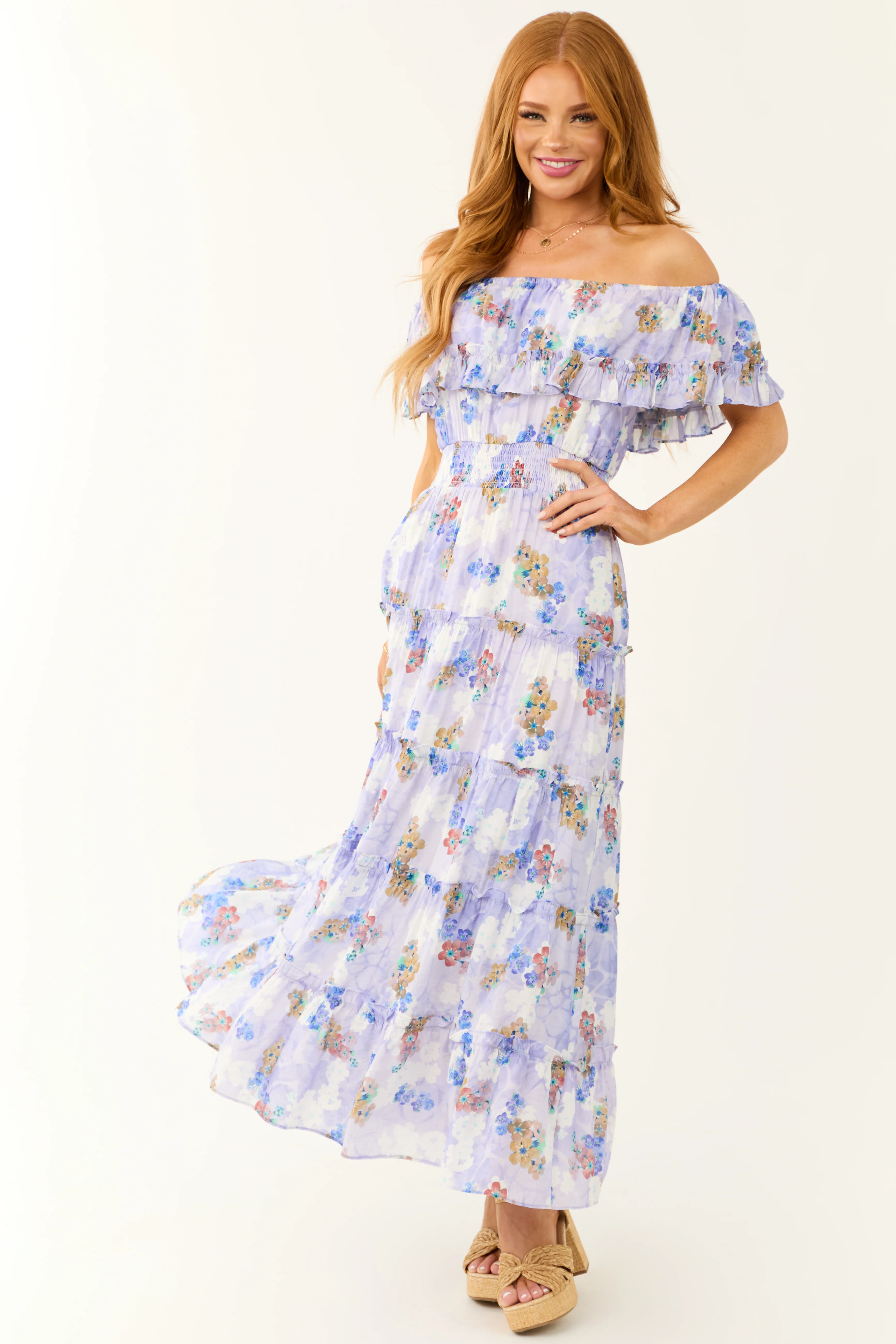 Periwinkle Floral Print Off Shoulder Maxi Dress - LD SALE
