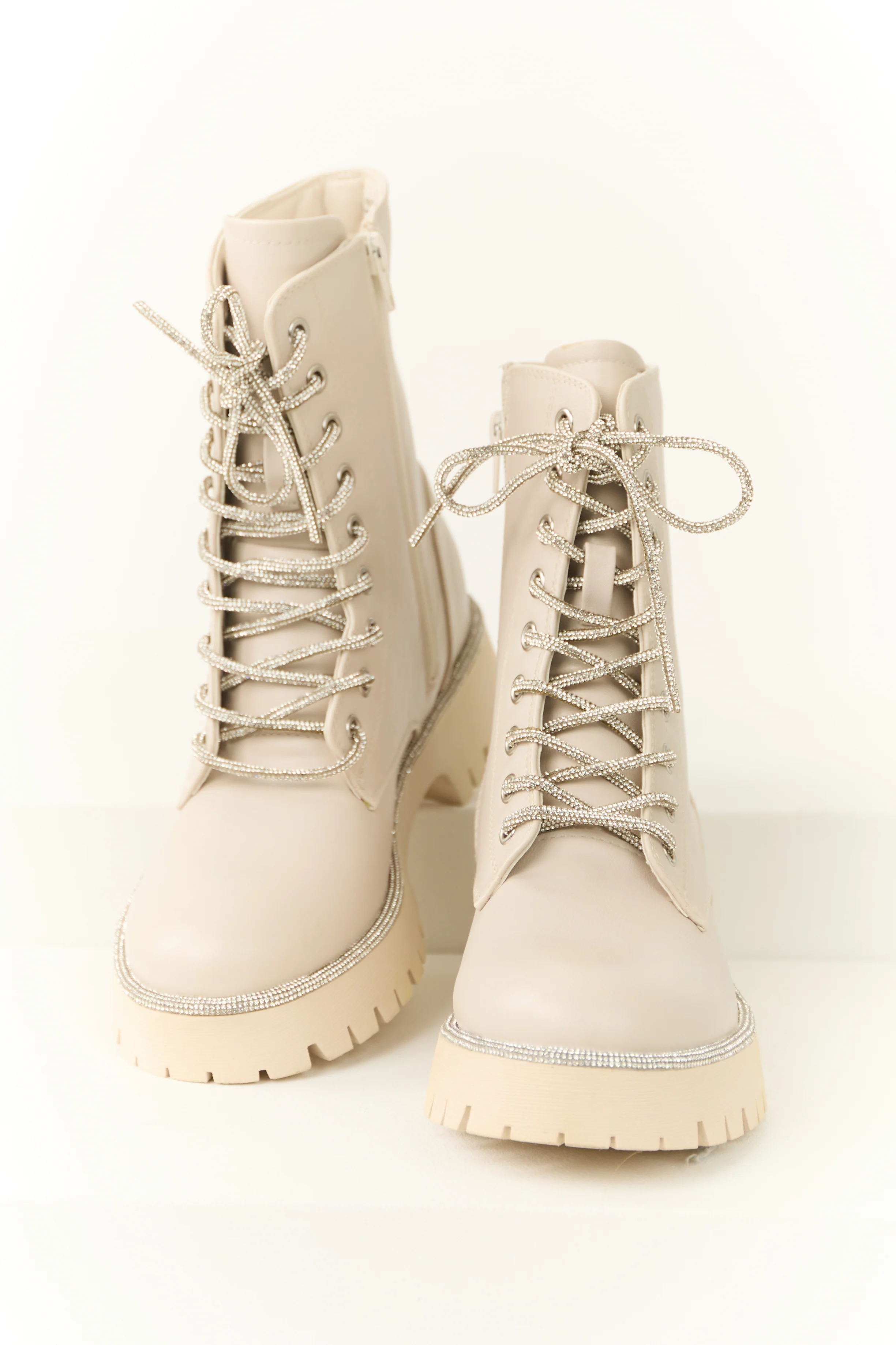 Coconut Rhinestone Detail Platform Combat Boots - LD SALE