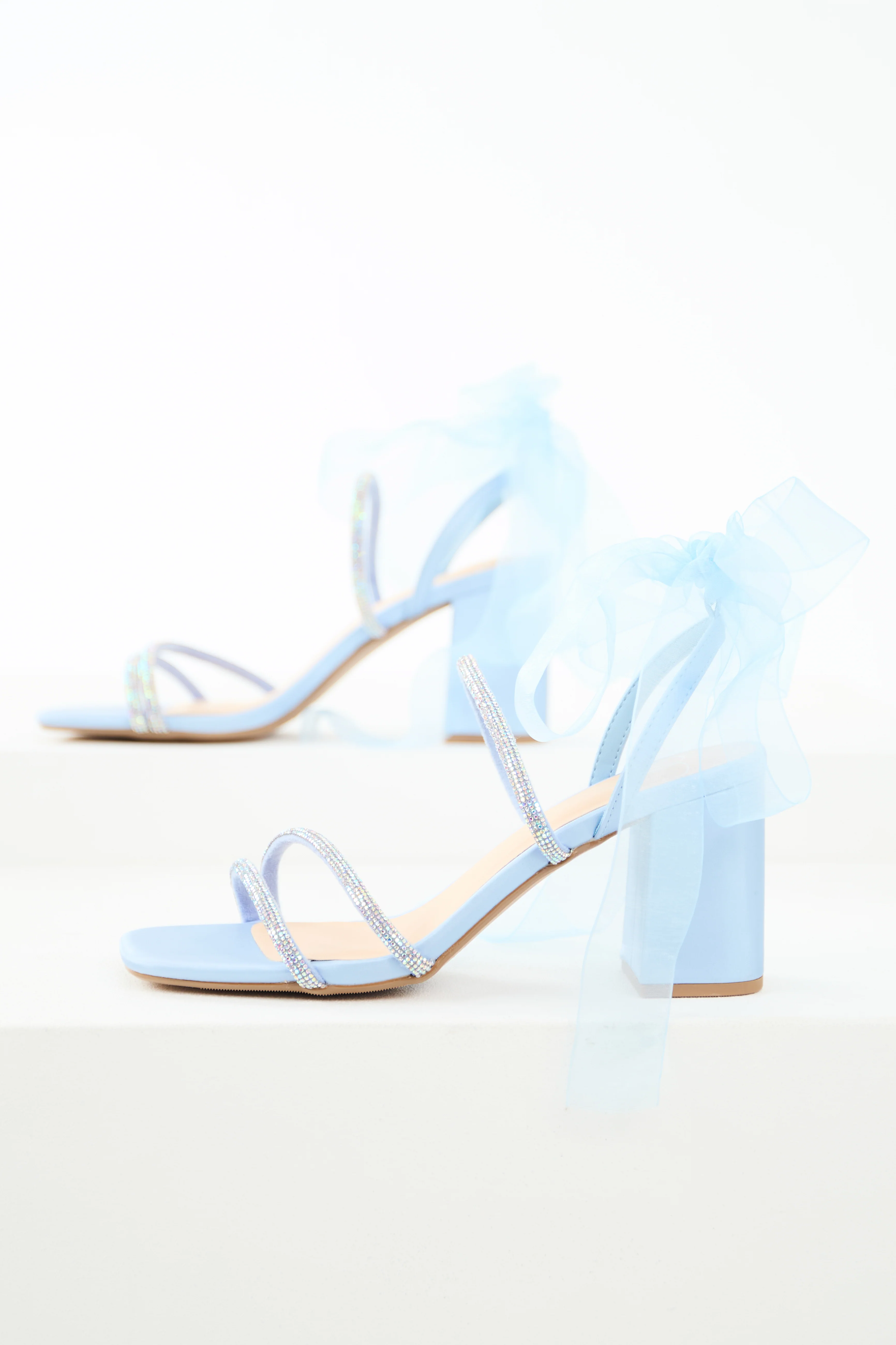 Powder Blue Rhinestone Ribbon Strap Heels - LD SALE