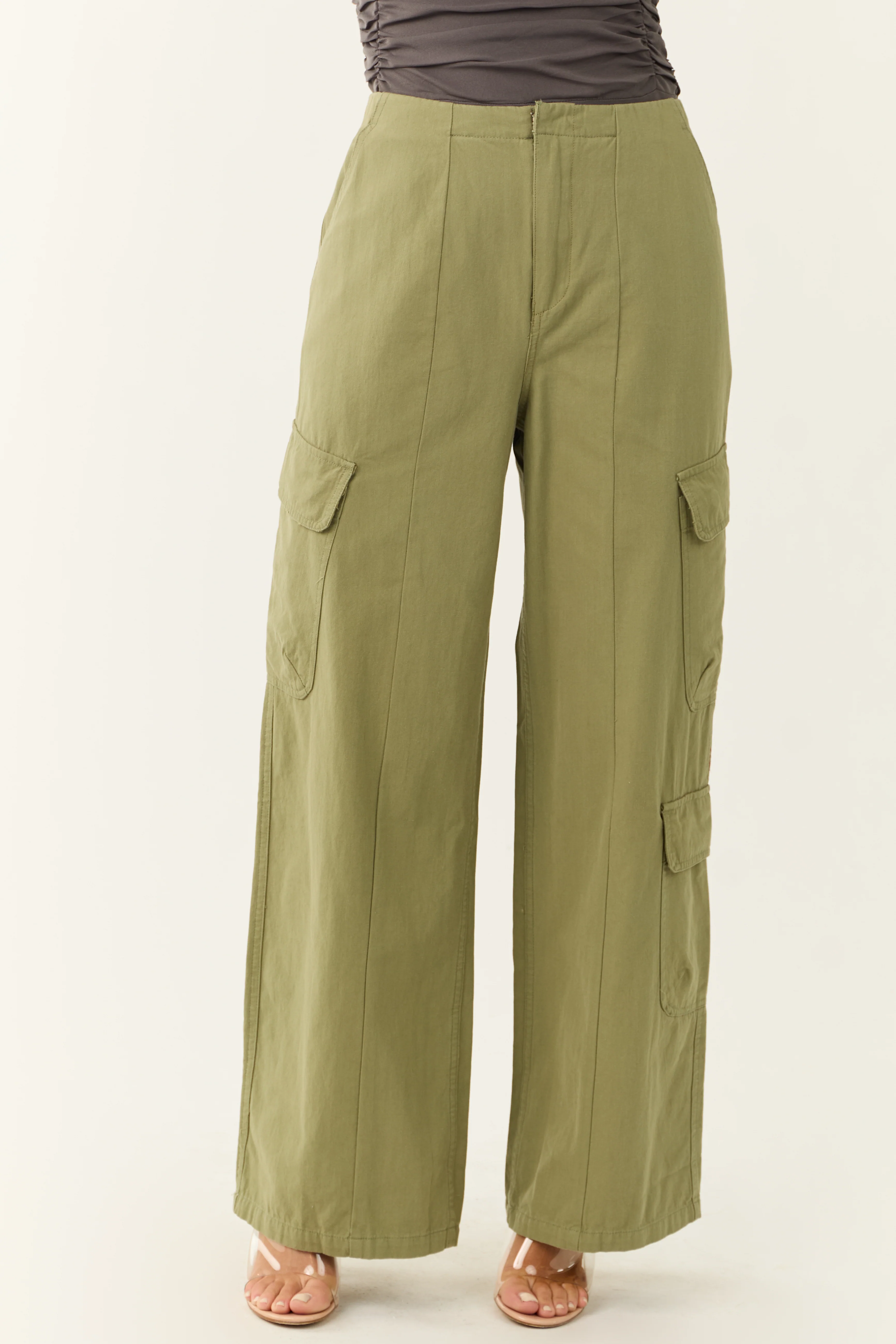 Pistachio Mid Rise Wide Leg Cargo Pants - LD SALE