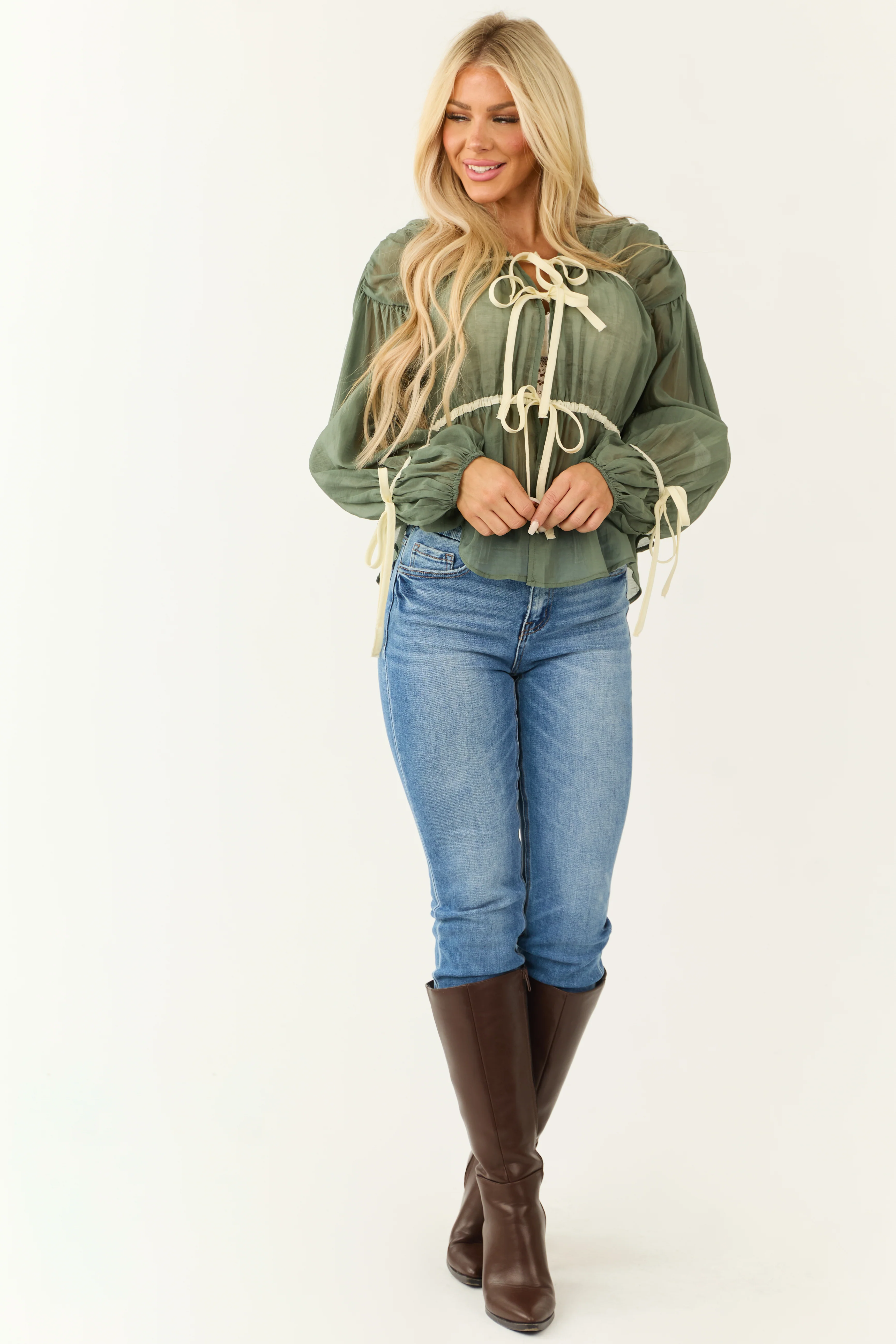 Rich Olive Contrast Tie Front Long Sleeve Blouse - LD SALE