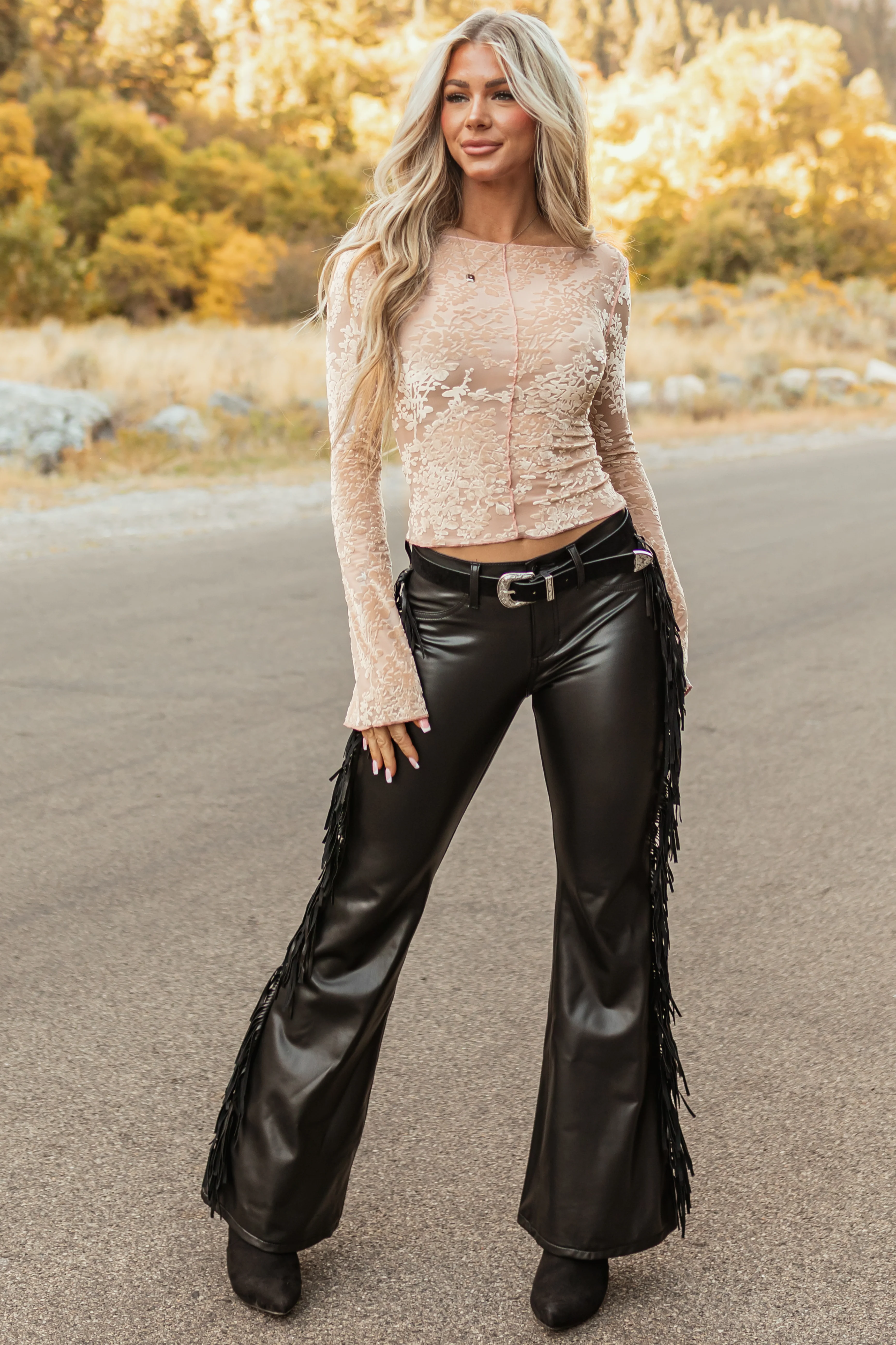 Cello Black Faux Leather Mid Rise Fringe Flare Pants - LD SALE