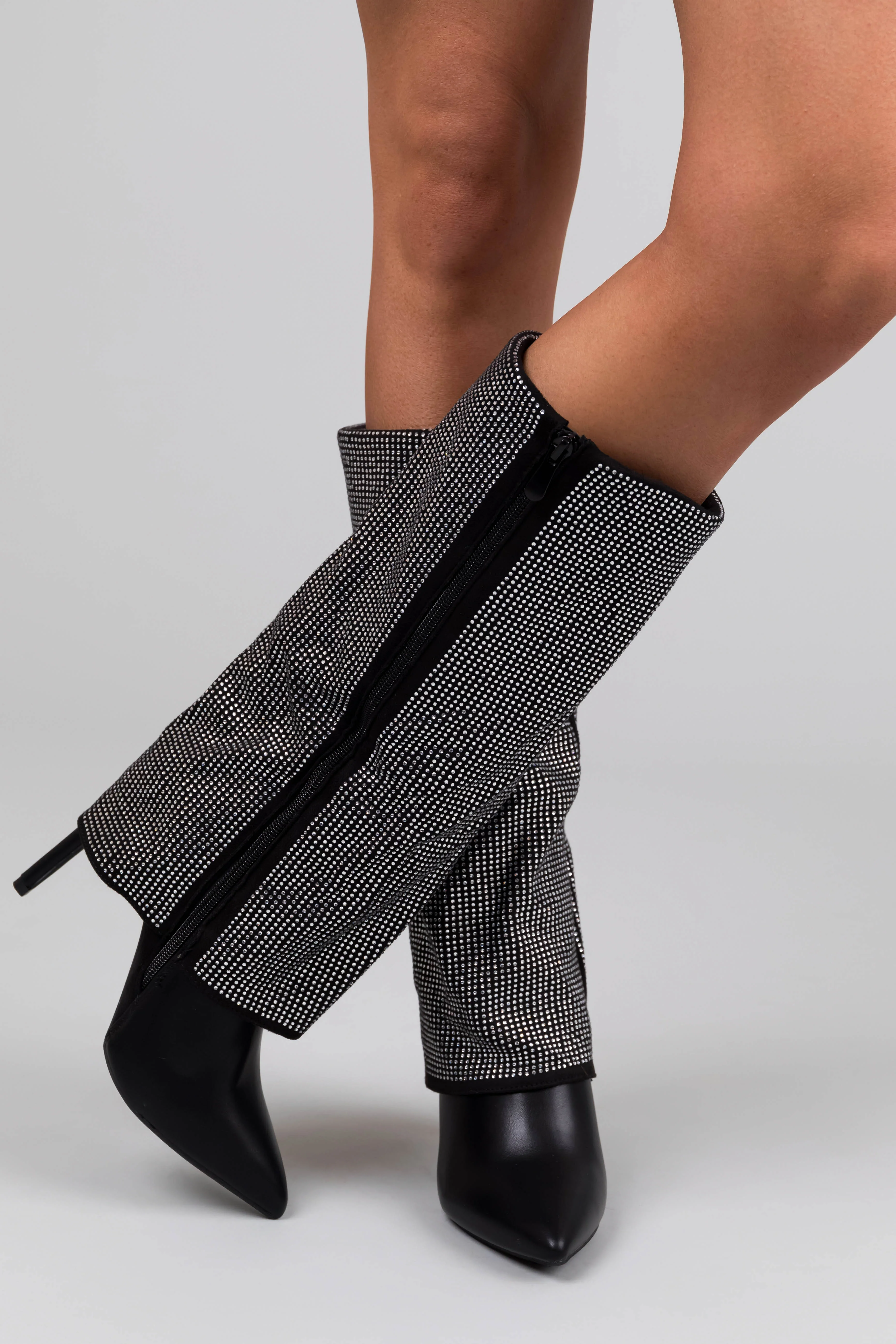 Black Rhinestone Fold Over Pointed Toe Boots - LD SALE