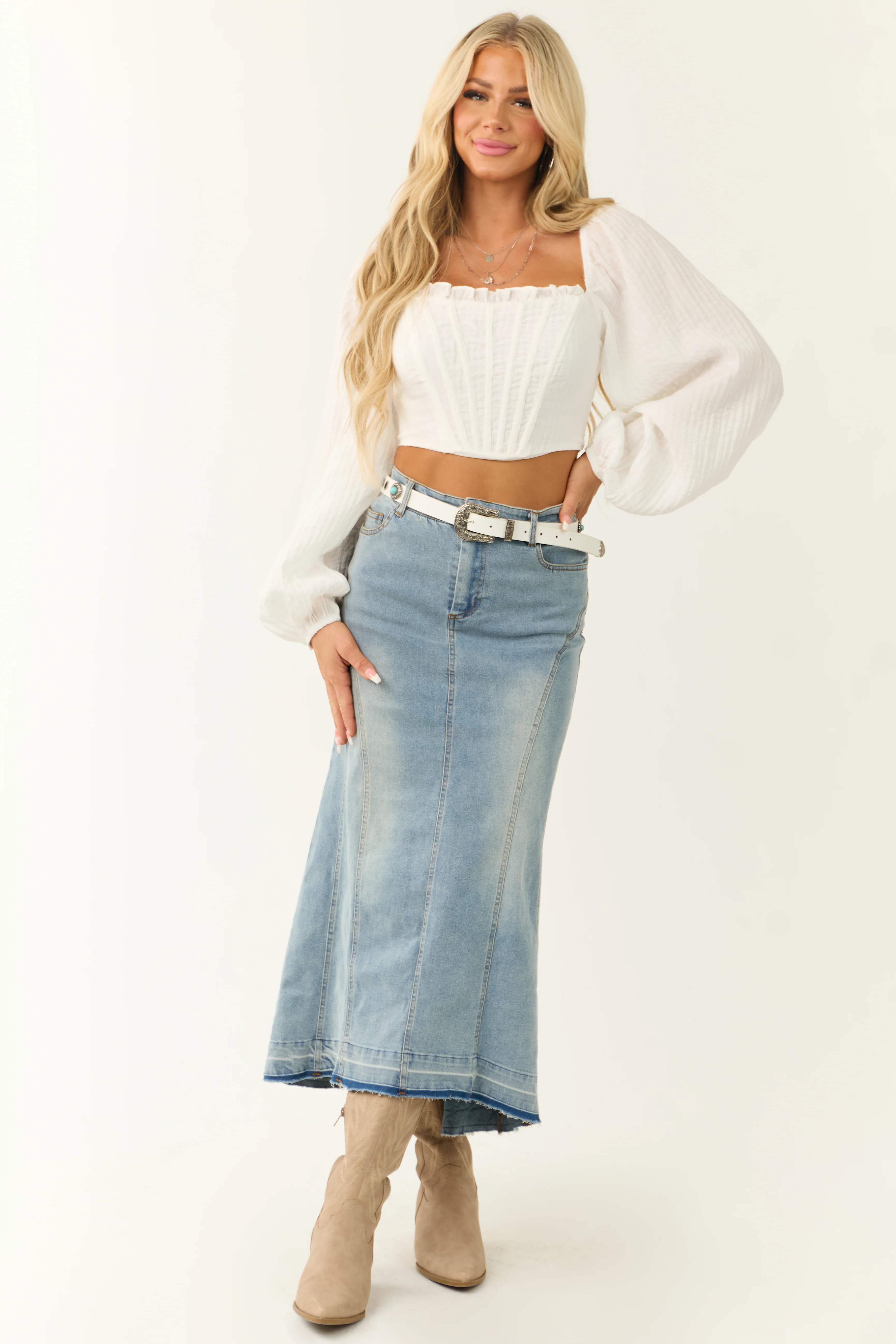 Medium Wash Denim High Low Maxi Skirt - LD SALE
