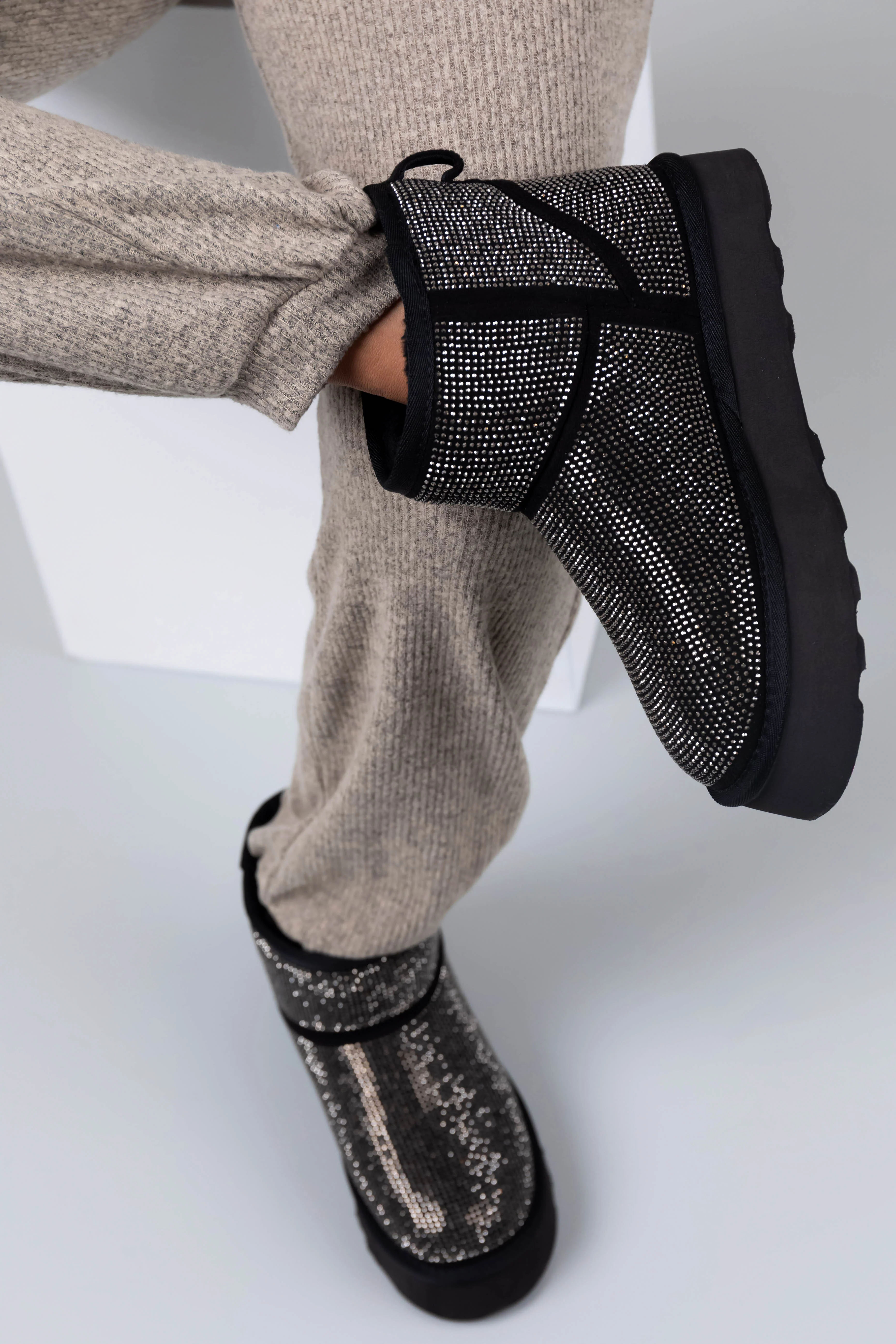 Black Rhinestone Fleece Lined Platform Booties - LD SALE