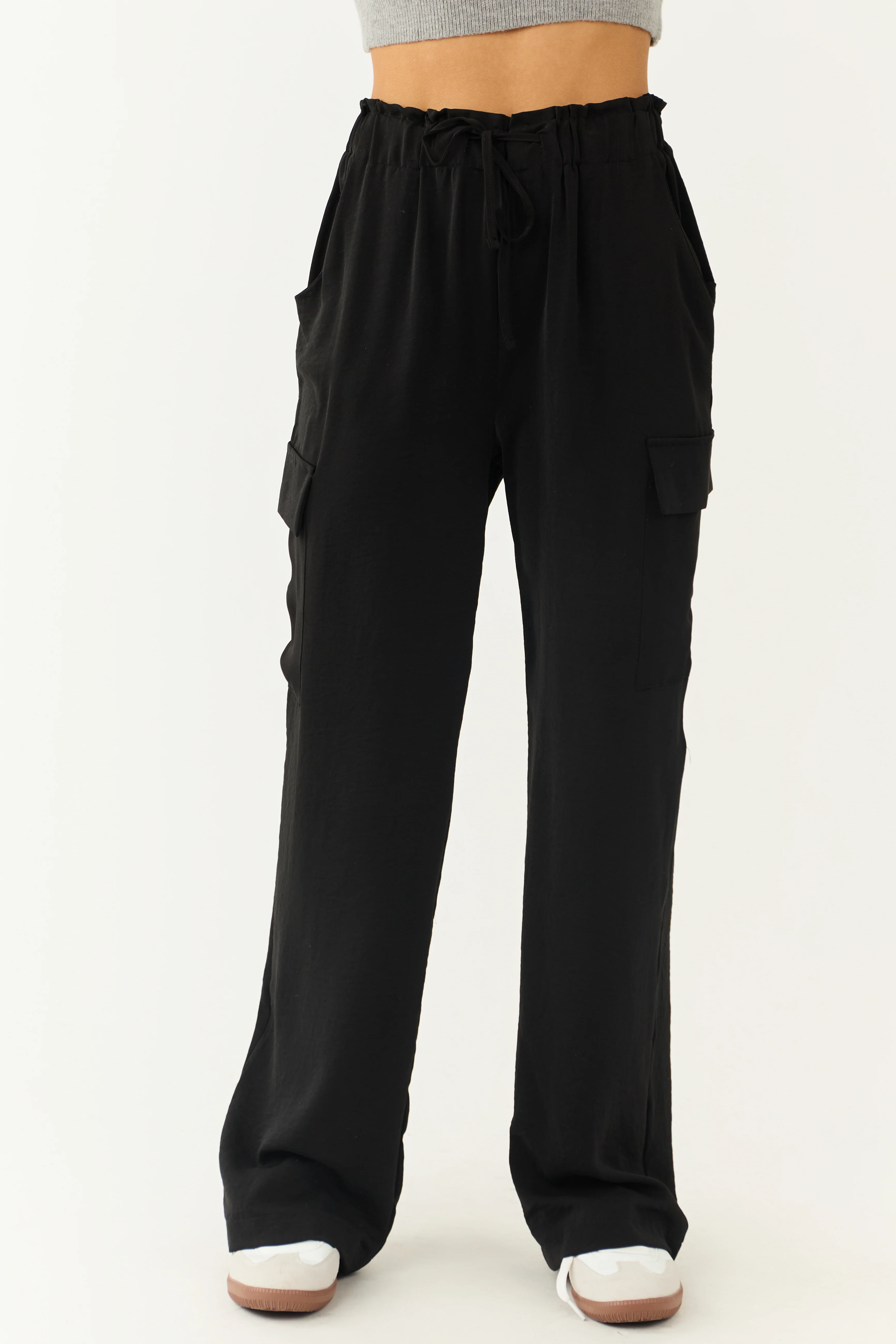 Black Elastic Paperbag Waist Drawstring Cargo Pants - LD SALE