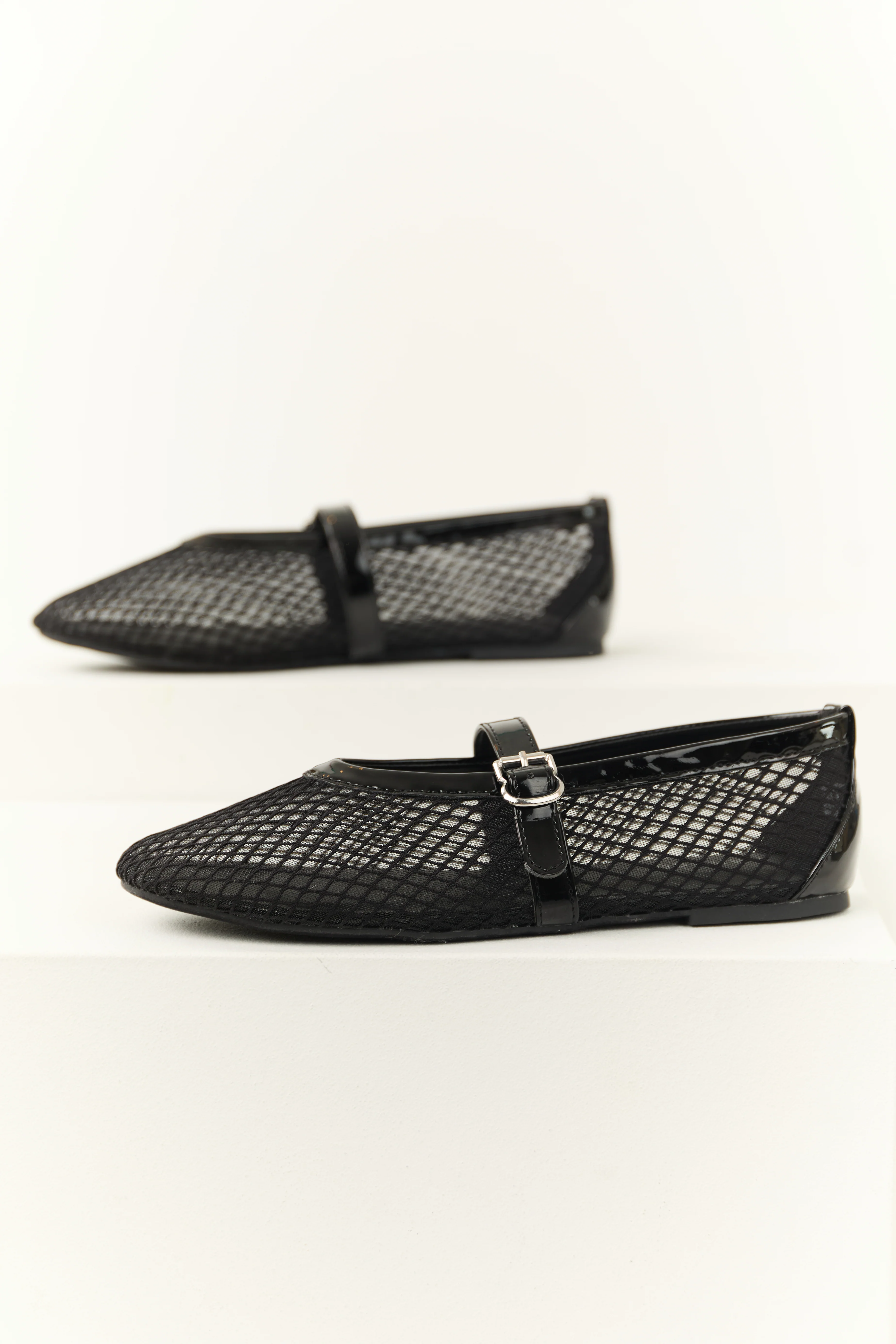 Black Geometric Mesh Rounded Toe Flats - LD SALE