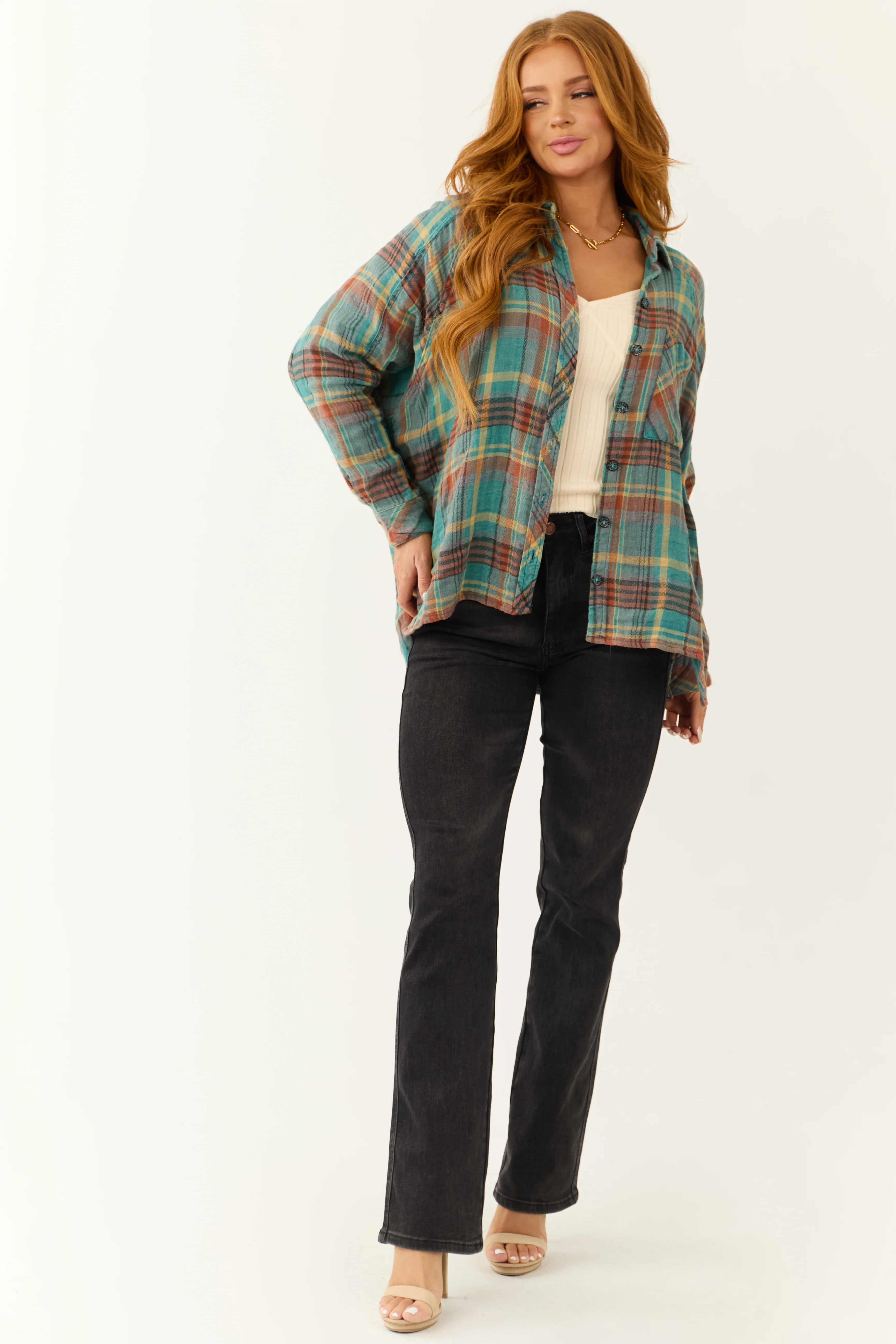 Teal Plaid Button Up Long Sleeve Flannel Shirt - LD SALE