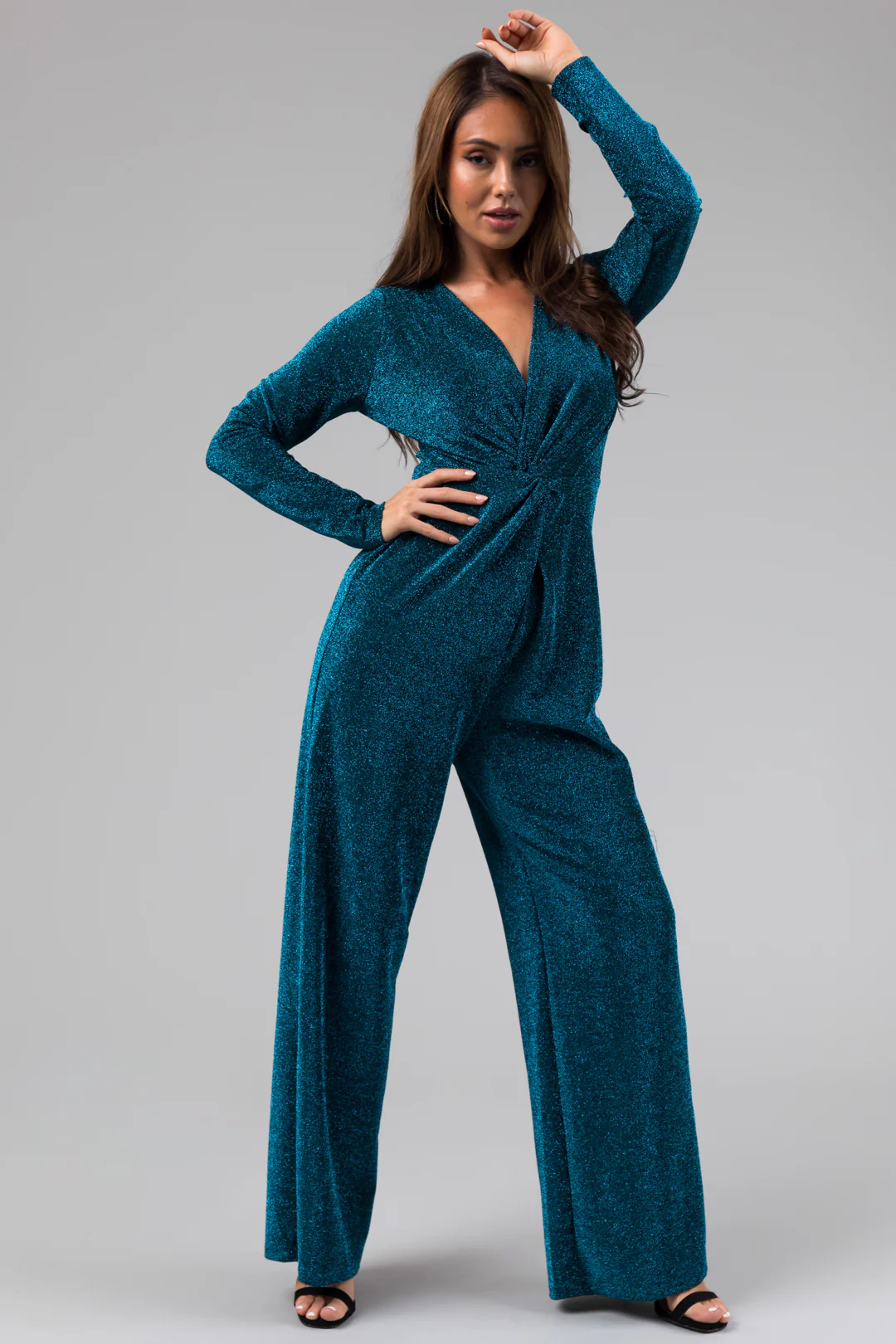 Sea Blue Metallic Long Sleeve V Neck Jumpsuit - LD SALE