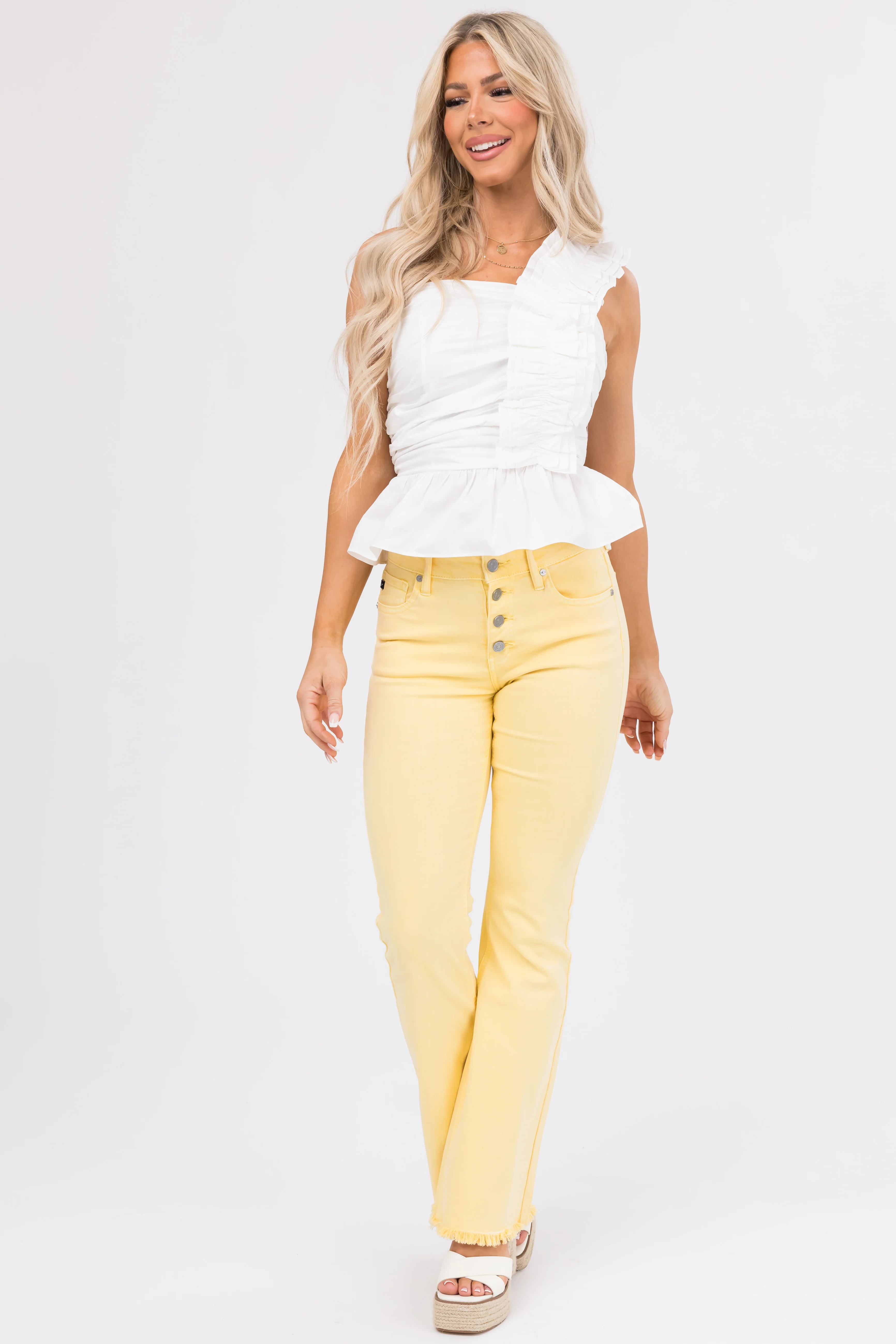 She+Sky Off White Ruffle One Shoulder Peplum Top - LD SALE