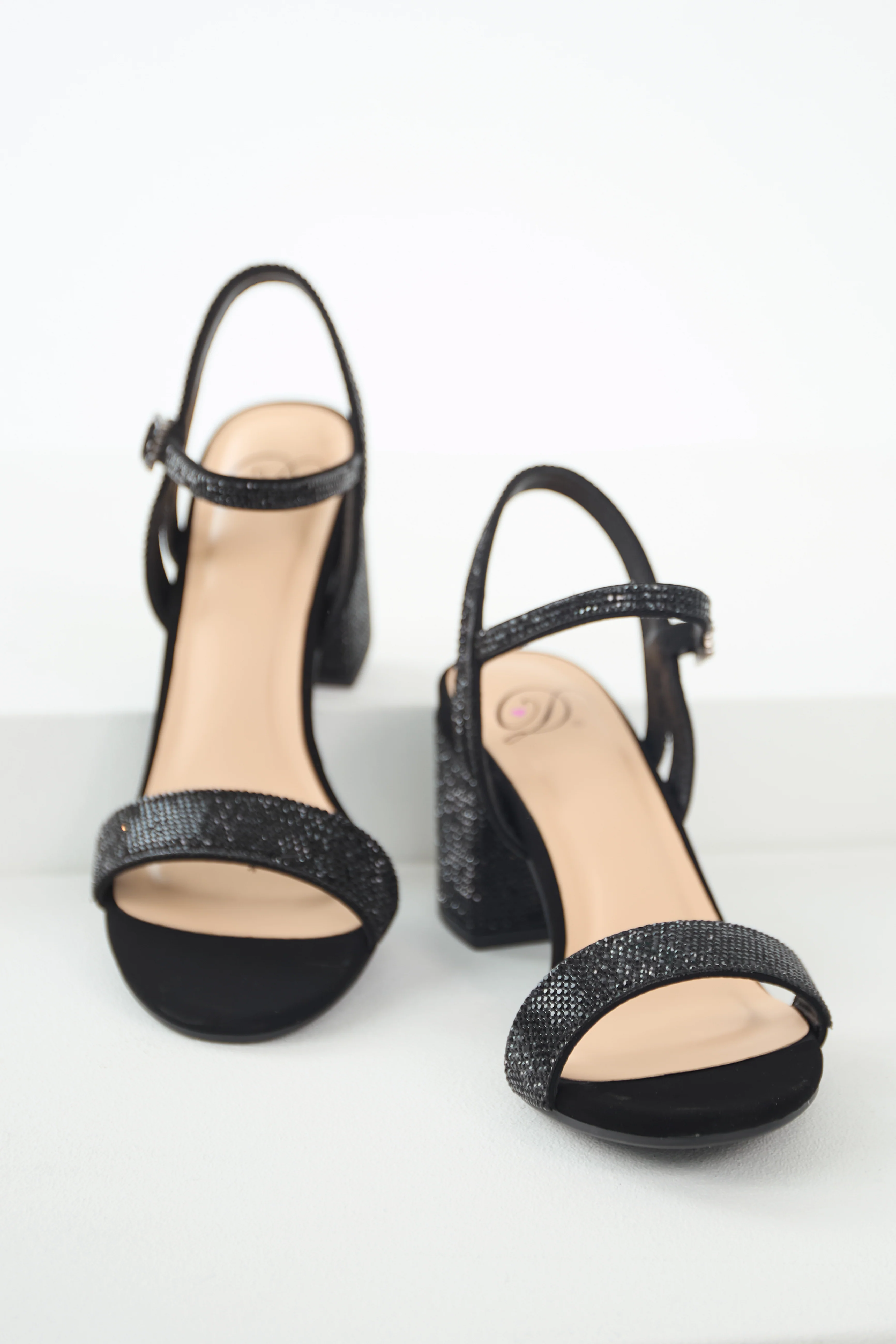 Black Rhinestone Strap Block Heel Sandals - LD SALE