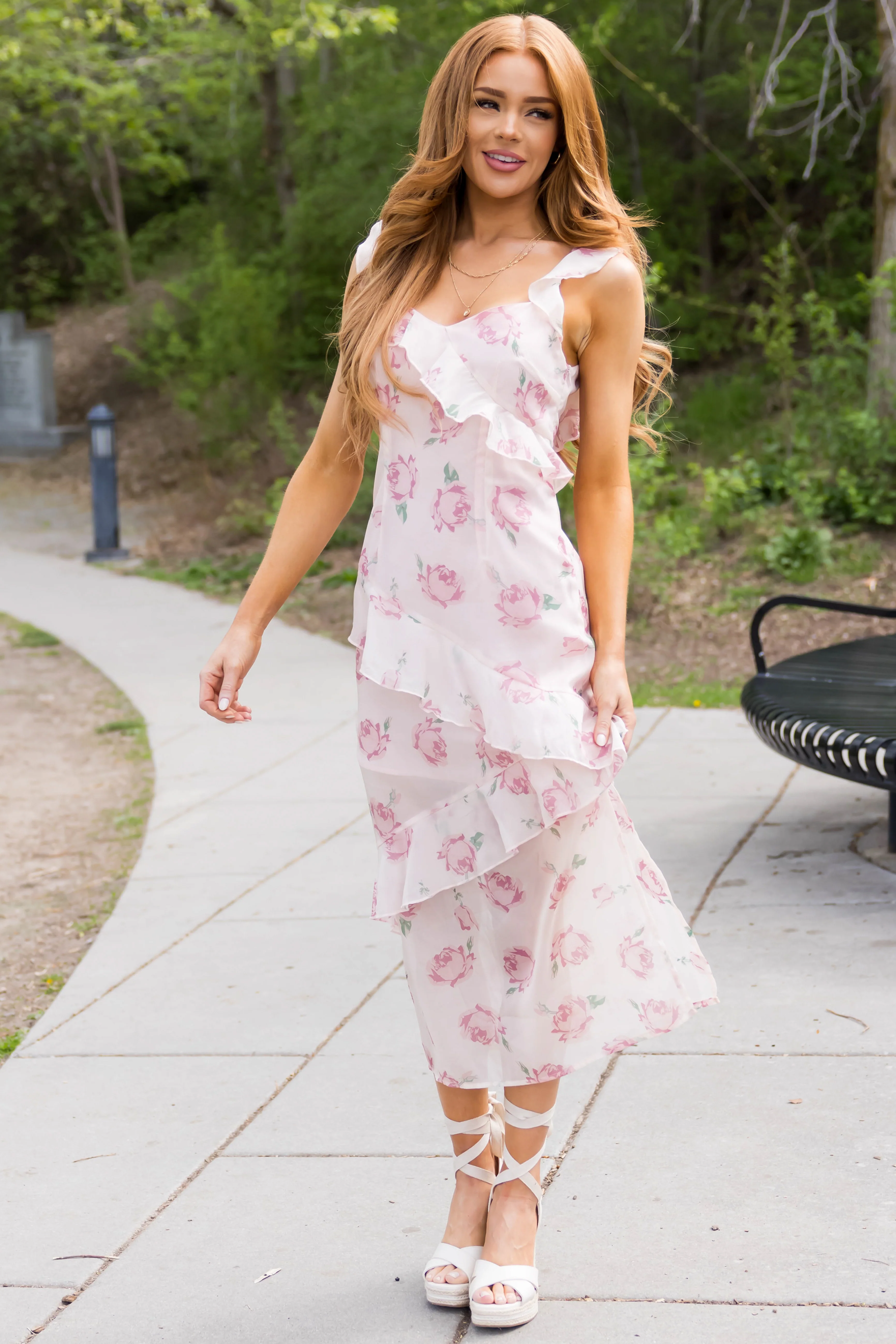 Cherry Blossom Floral Print Ruffle Midi Dress - LD SALE