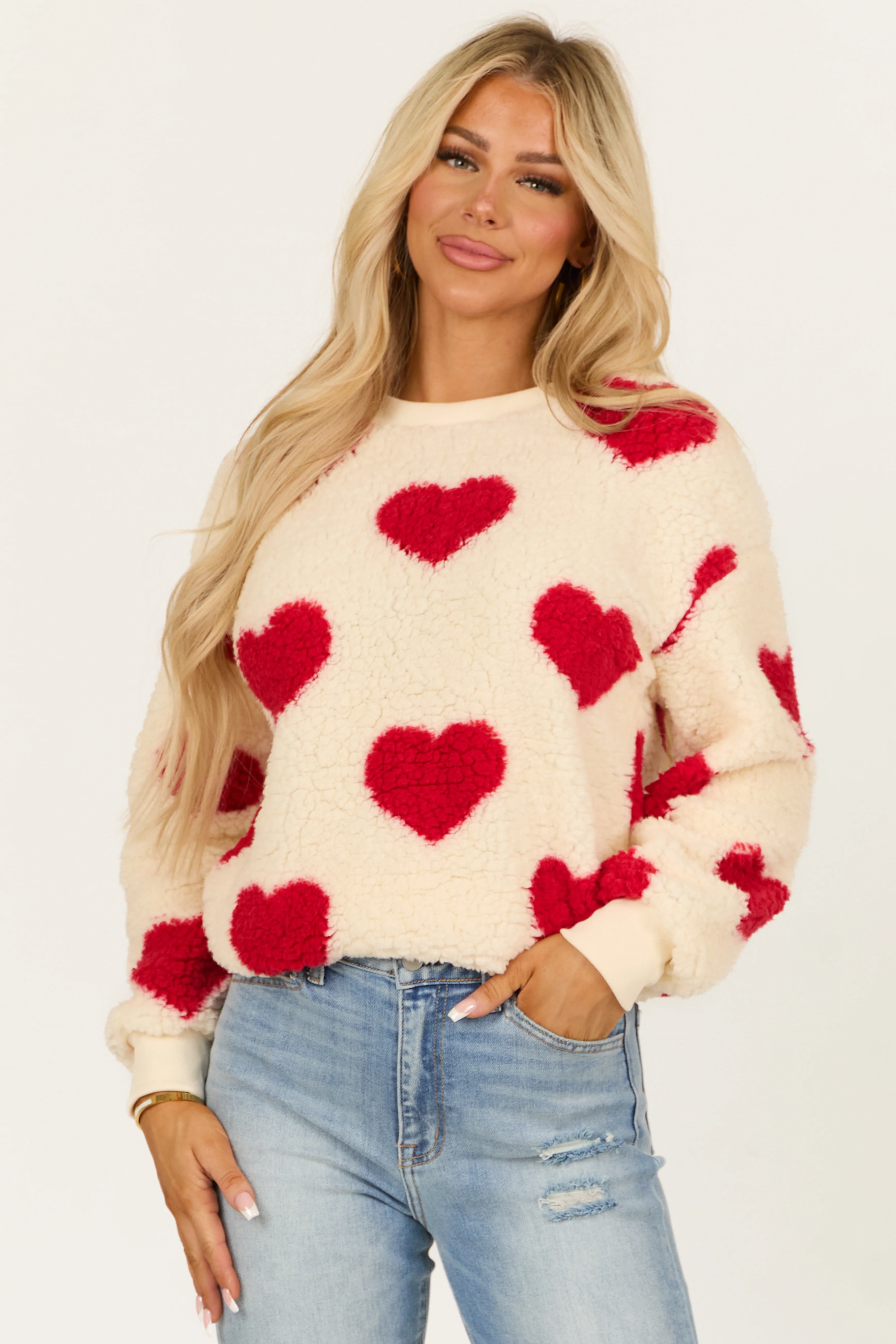 Cream and Ruby Heart Pattern Sherpa Sweatshirt - LD SALE