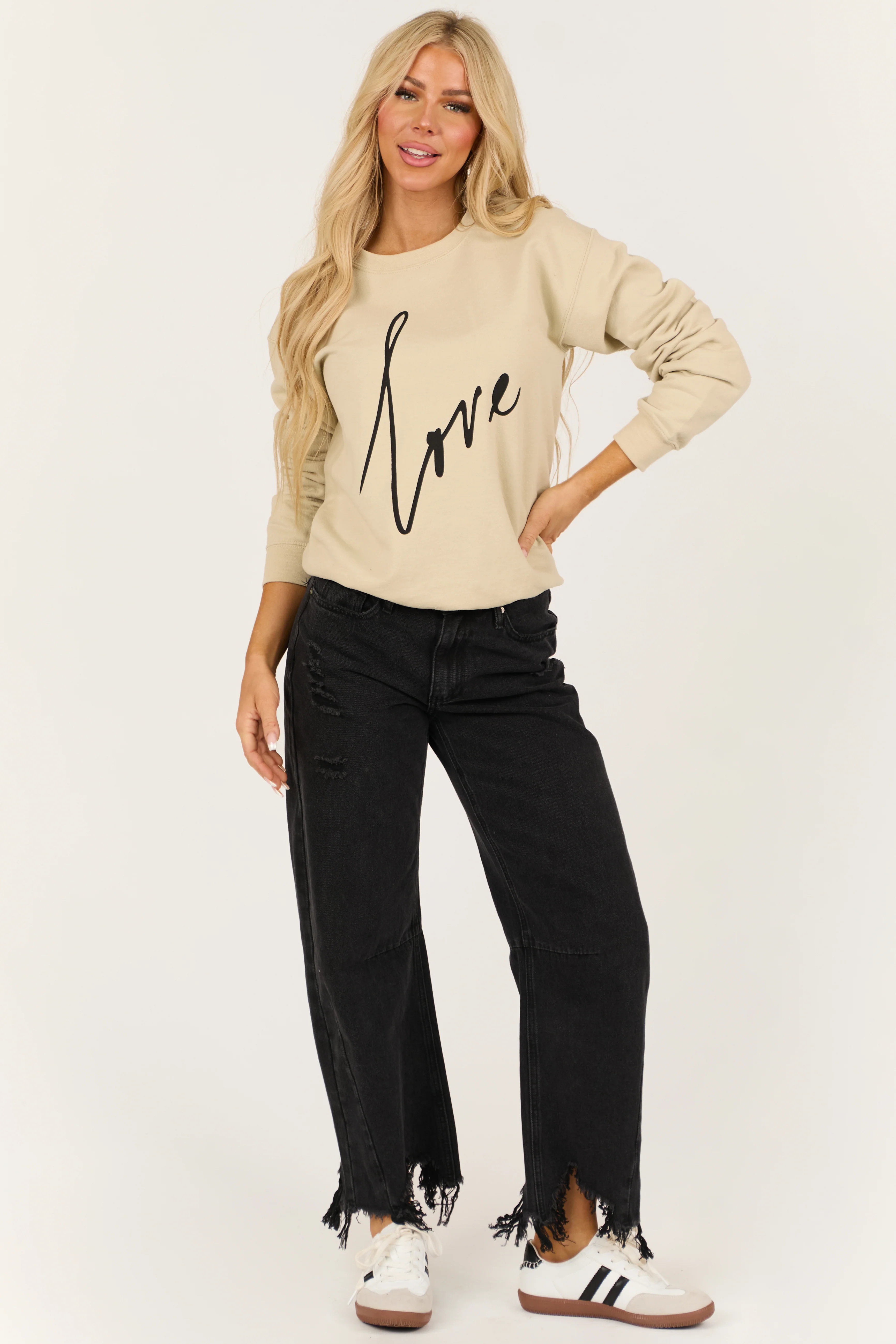 Light Sand 'Love' Graphic Long Sleeve Sweatshirt - LD SALE