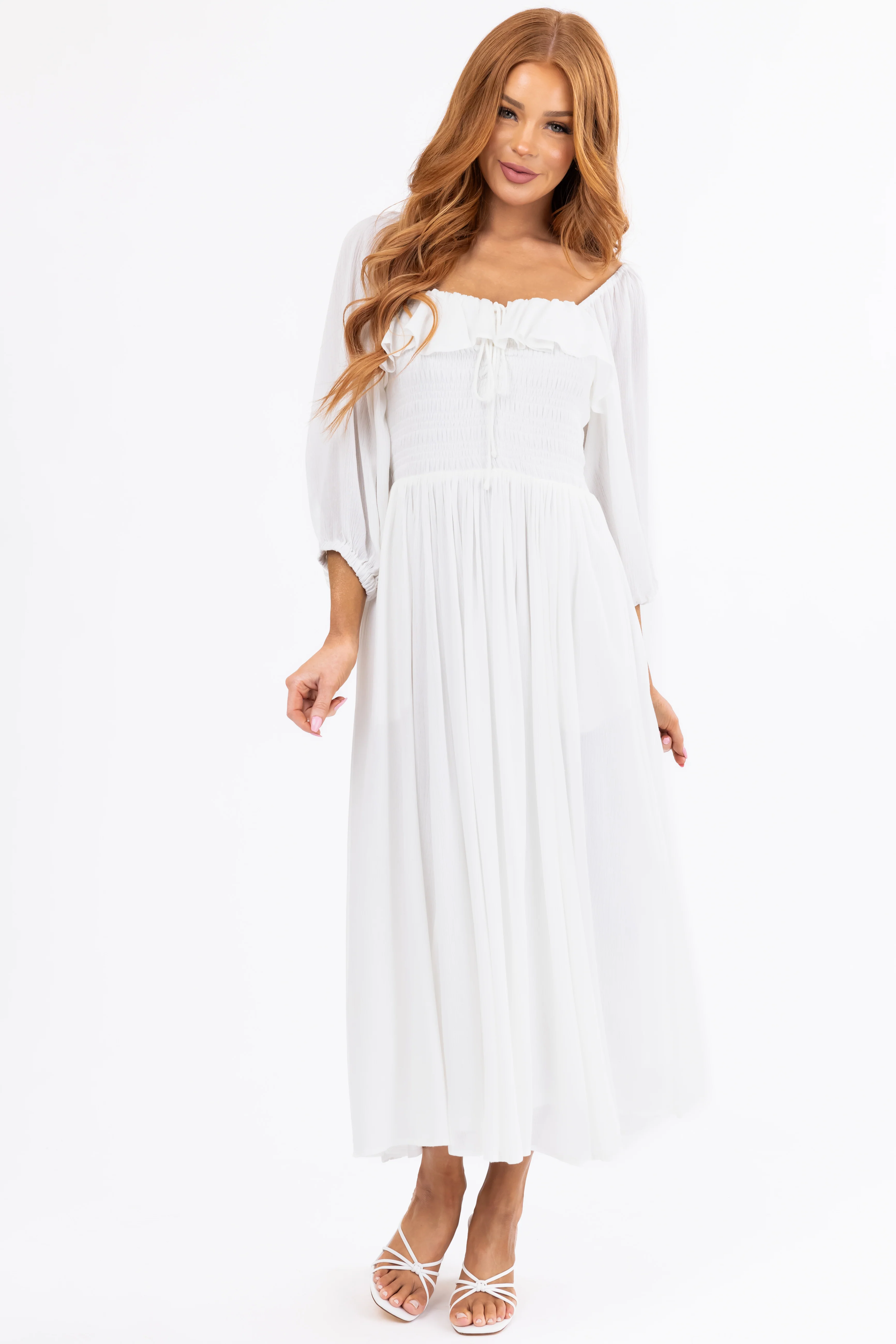Ivory Smocked Top 3/4 Sleeve Midi Dress - LD SALE