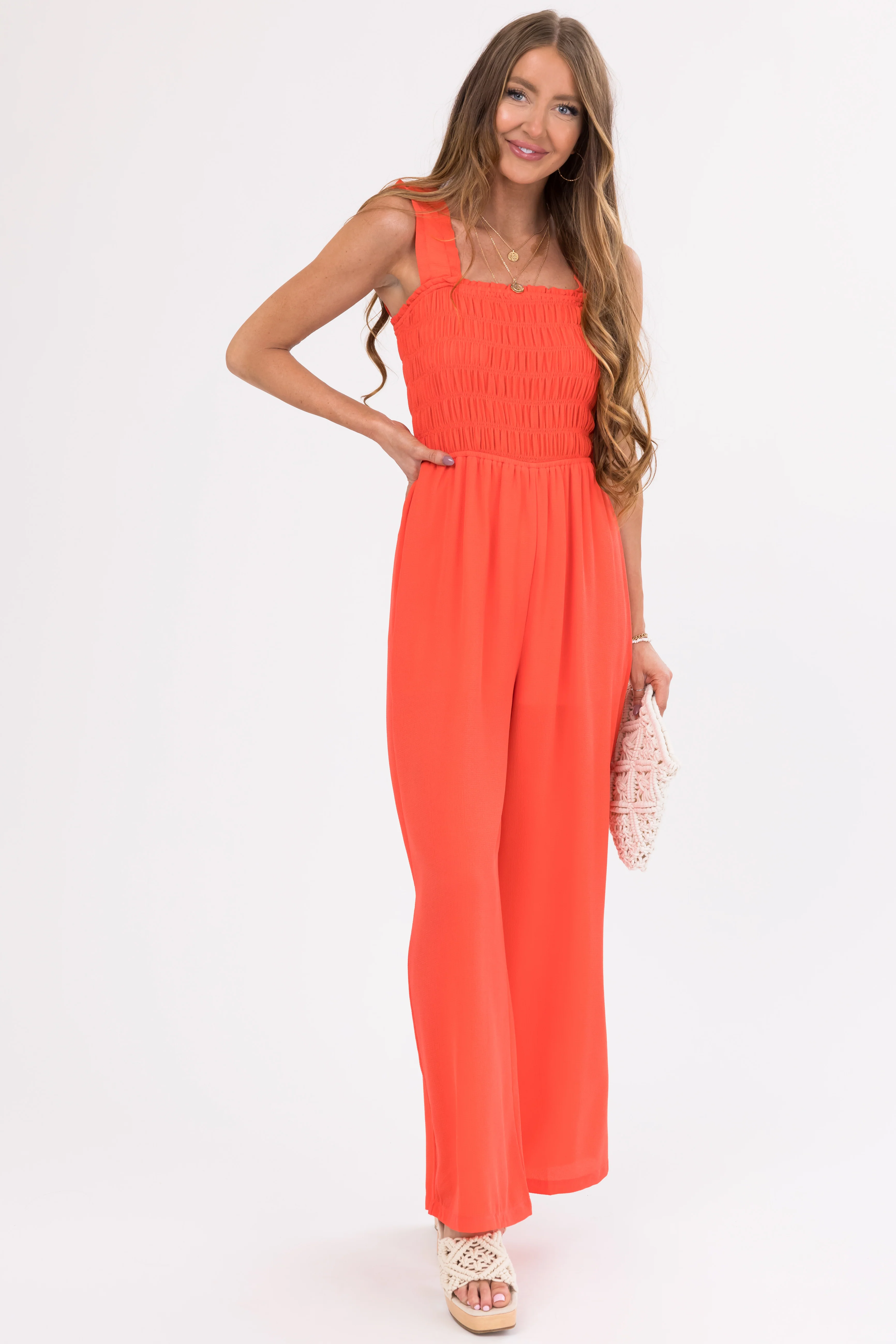 She+Sky Crimson Smocked Jumpsuit with Ruffle Strap - LD SALE