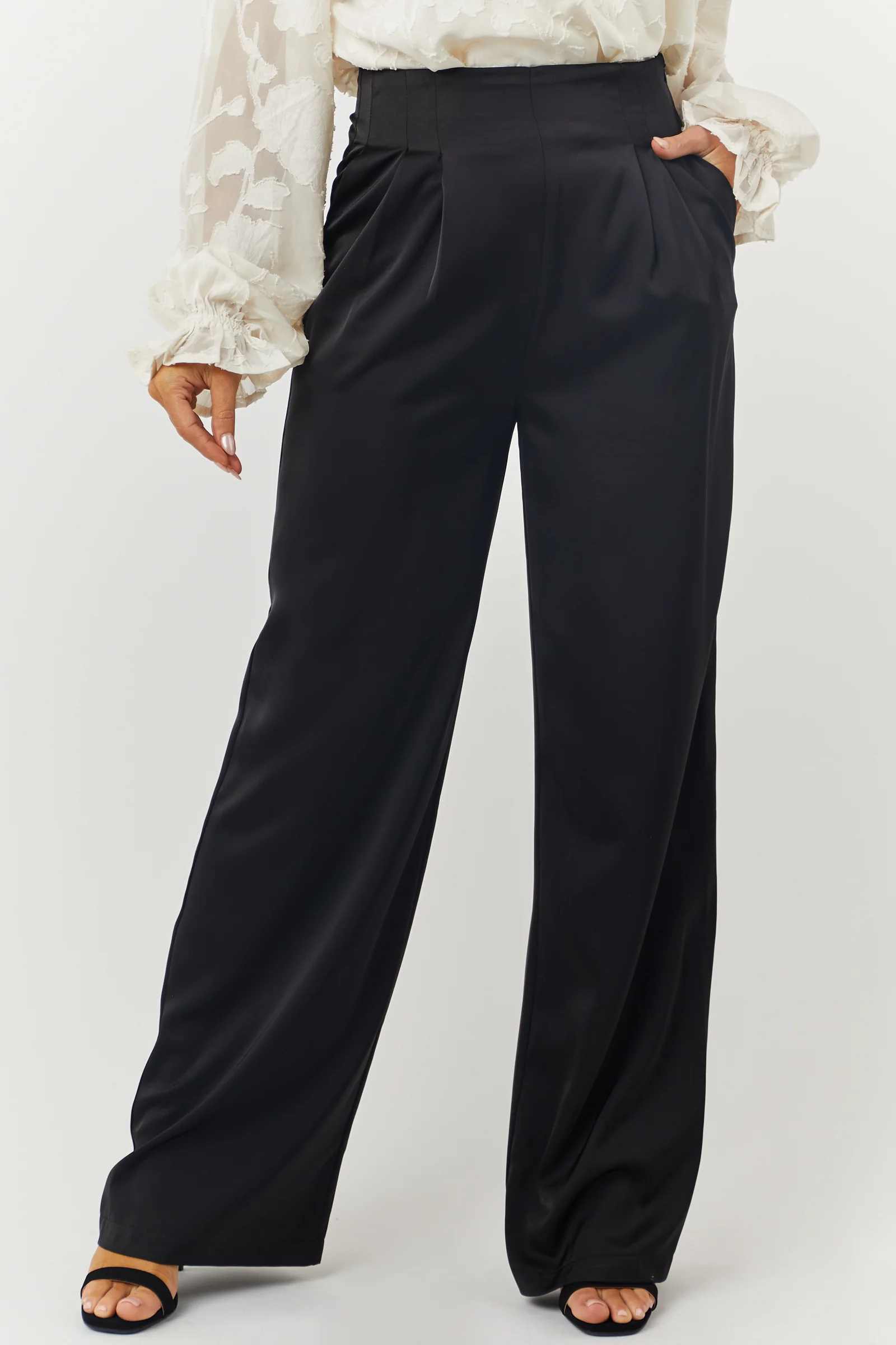 Black Satin High Waisted Wide Leg Pants with Pockets - LD SALE