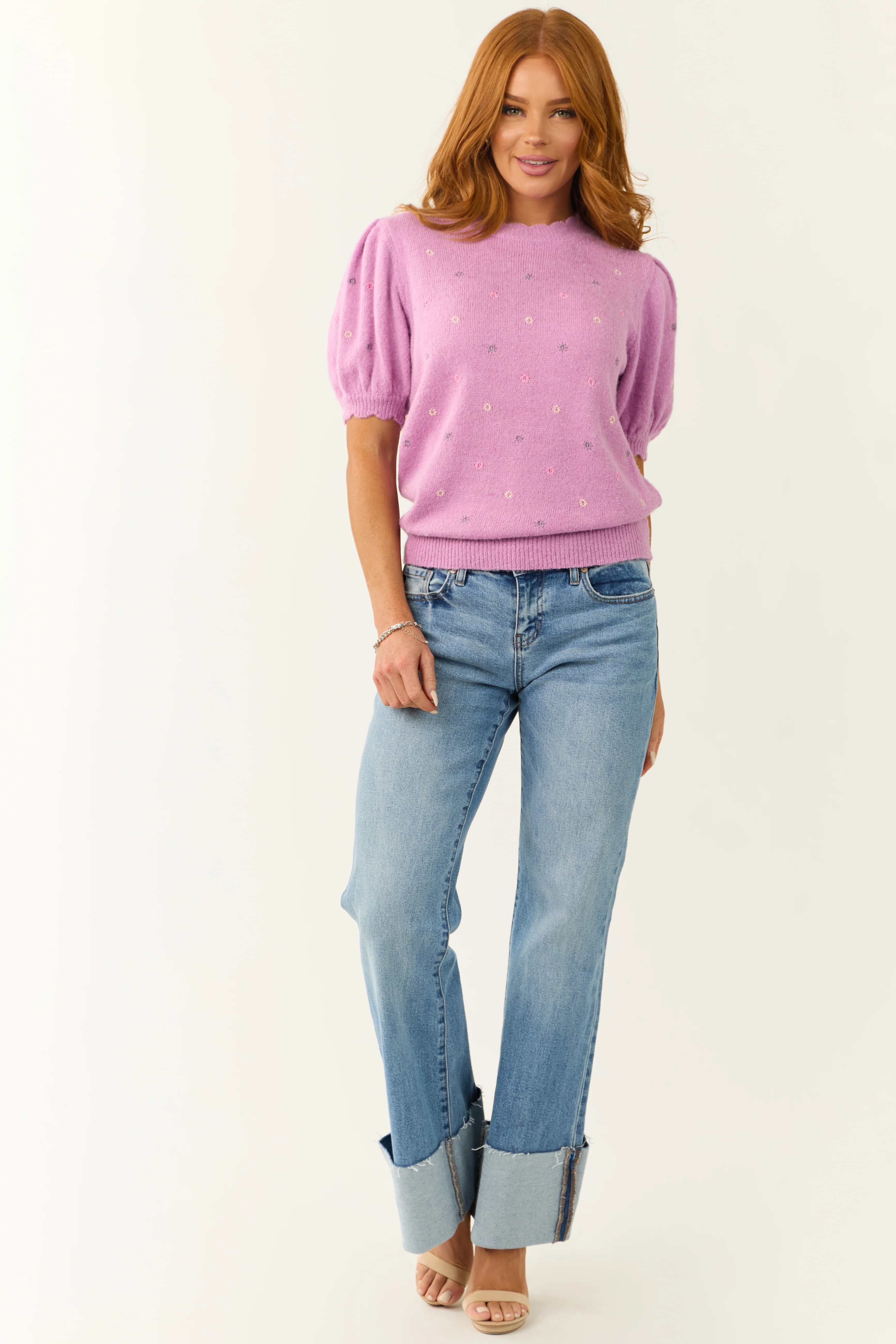 Orchid Floral Embroidered Short Sleeve Sweater - LD SALE