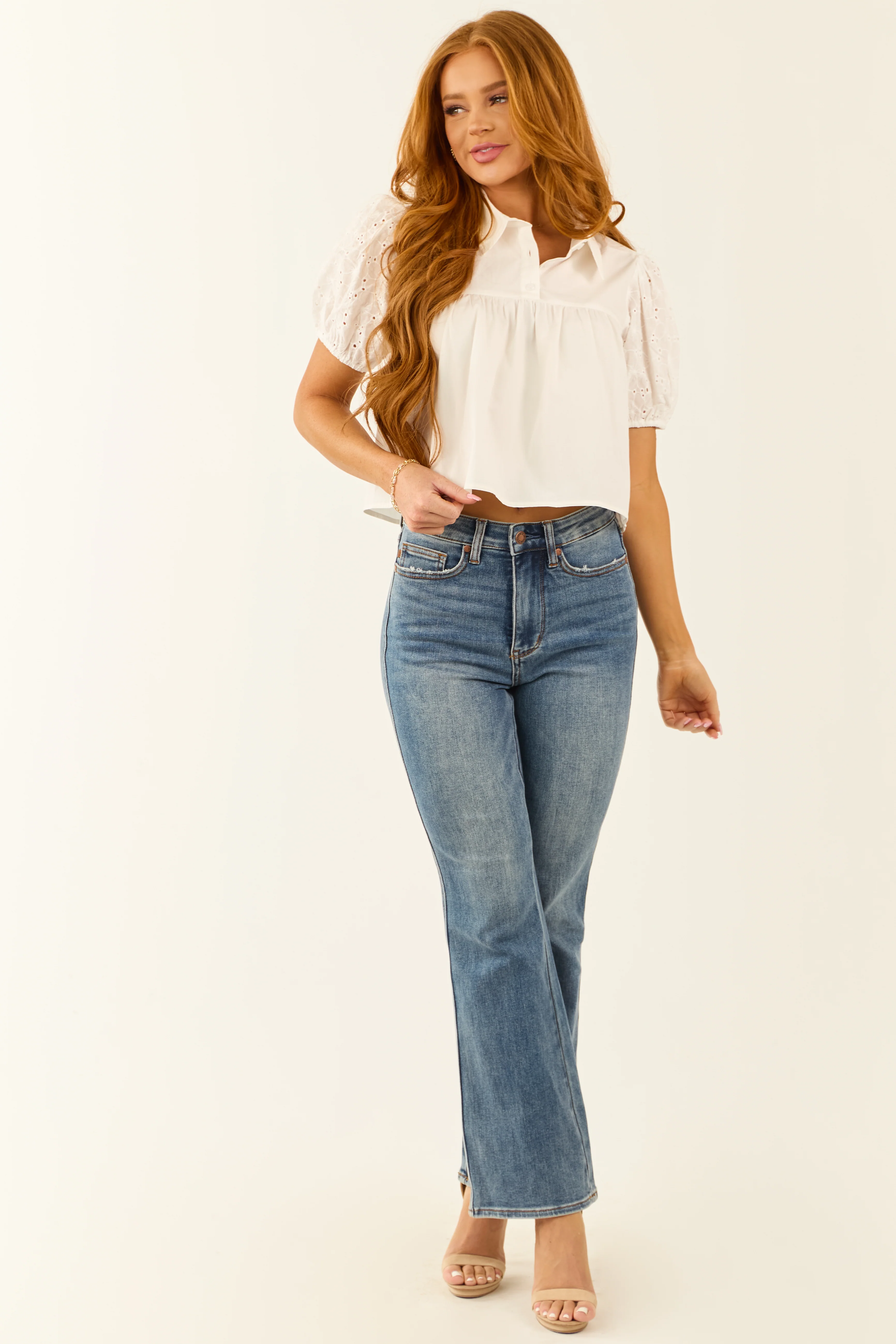 Ivory Collared Puff Eyelet Lace Sleeve Poplin Top - LD SALE