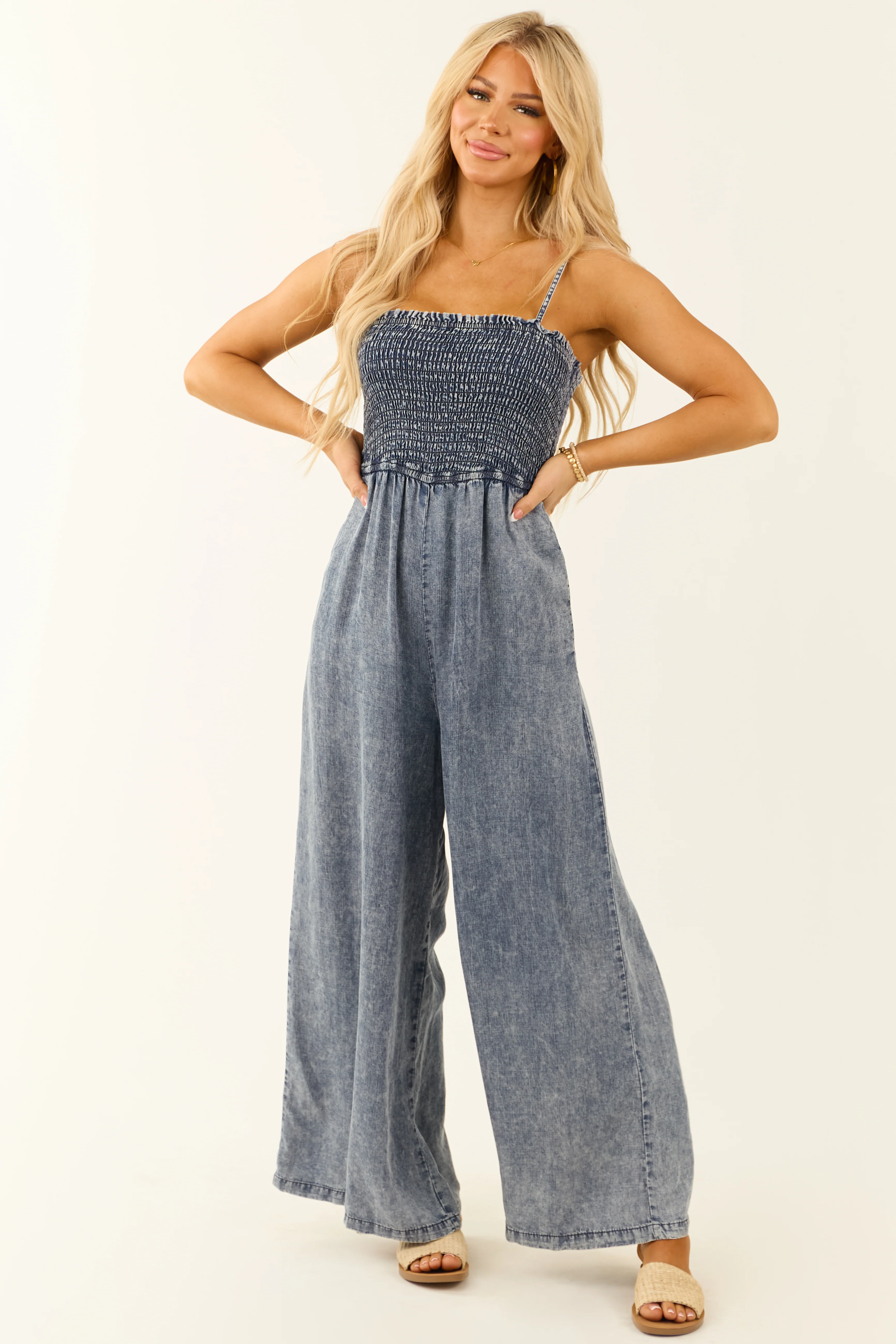 Dark Mineral Wash Smocked Wide Leg Jumpsuit - LD SALE