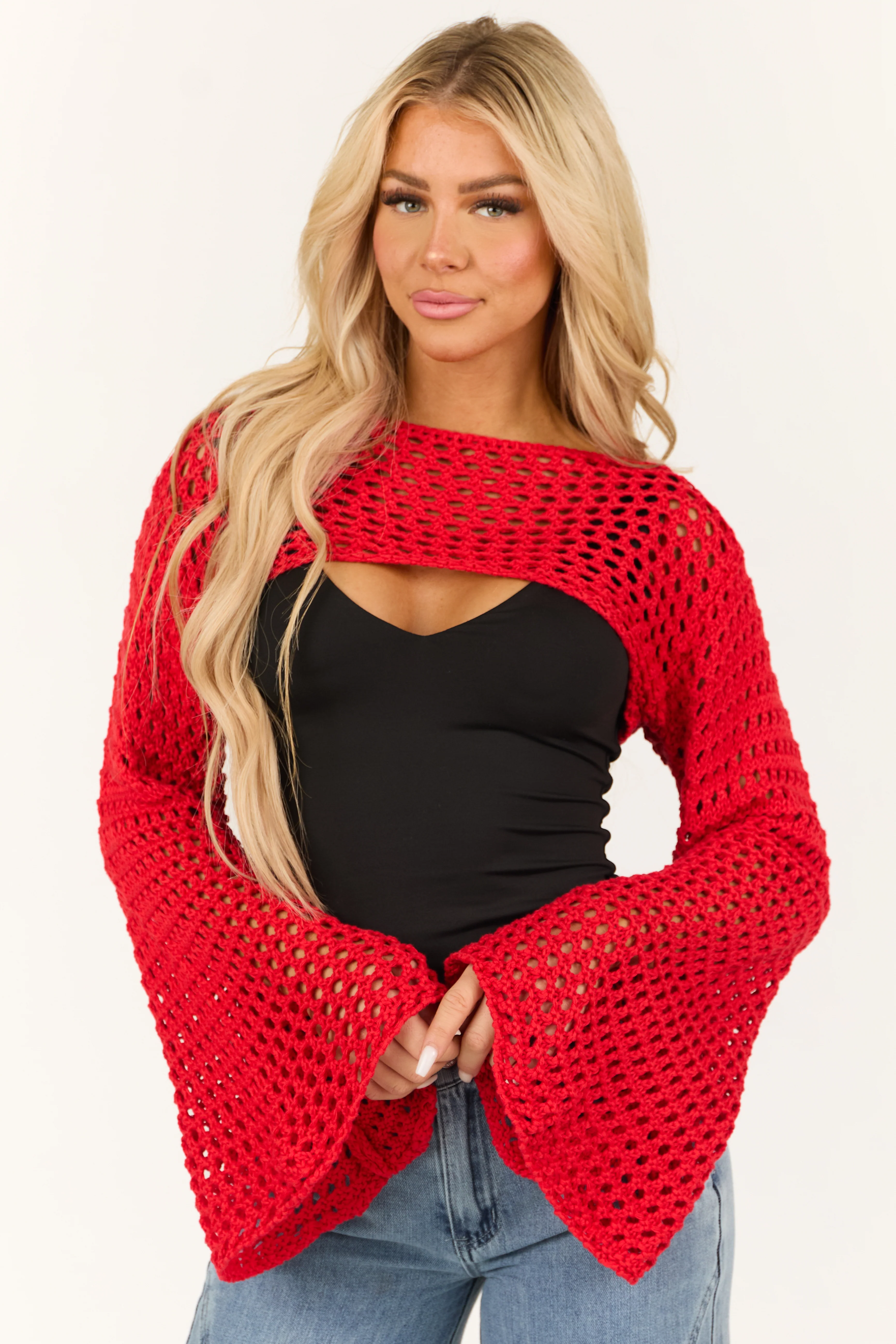 Bright Scarlet Crochet Knit Shrug Sweater - LD SALE