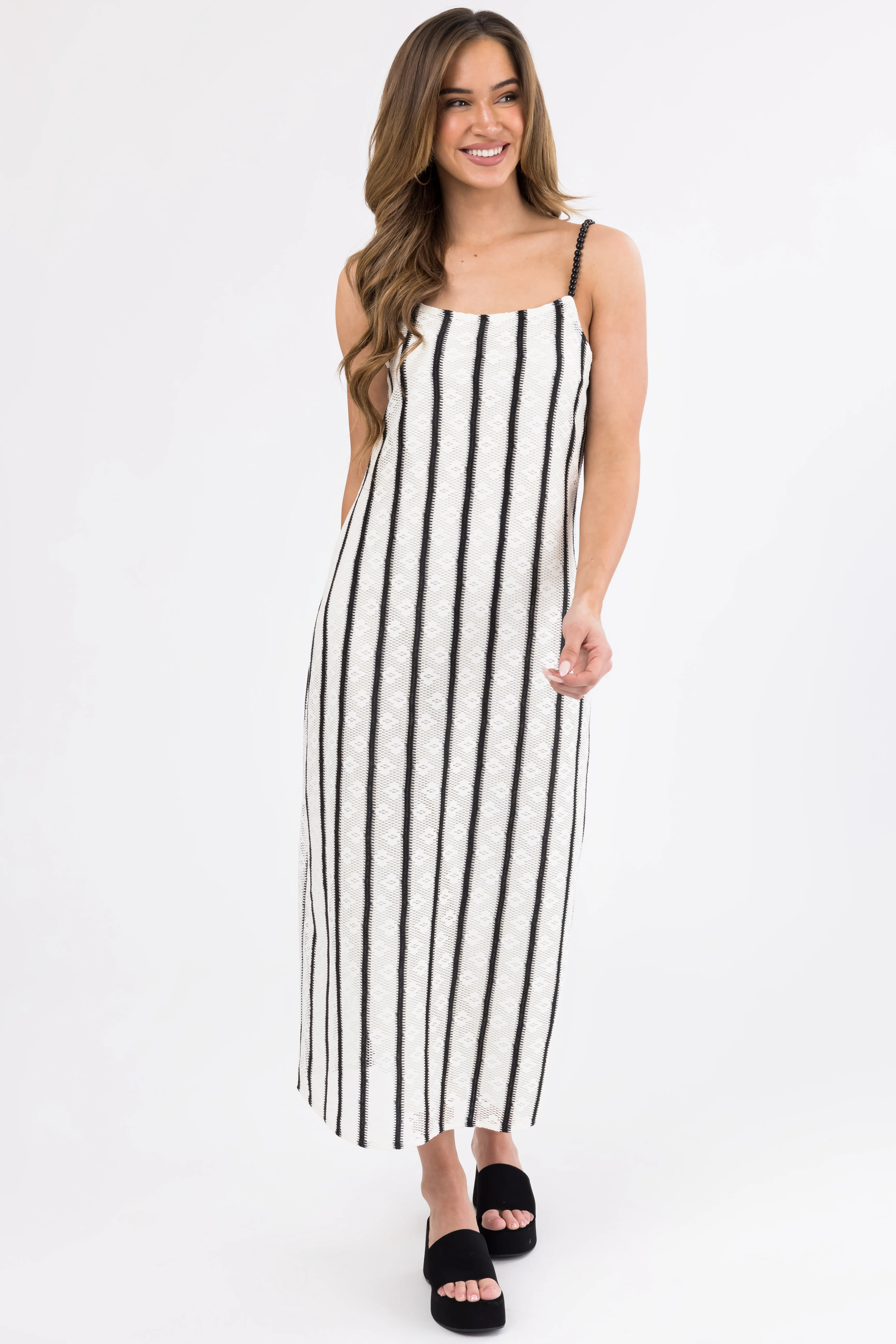 Black and Ivory Striped Bead Strap Maxi Dress - LD SALE