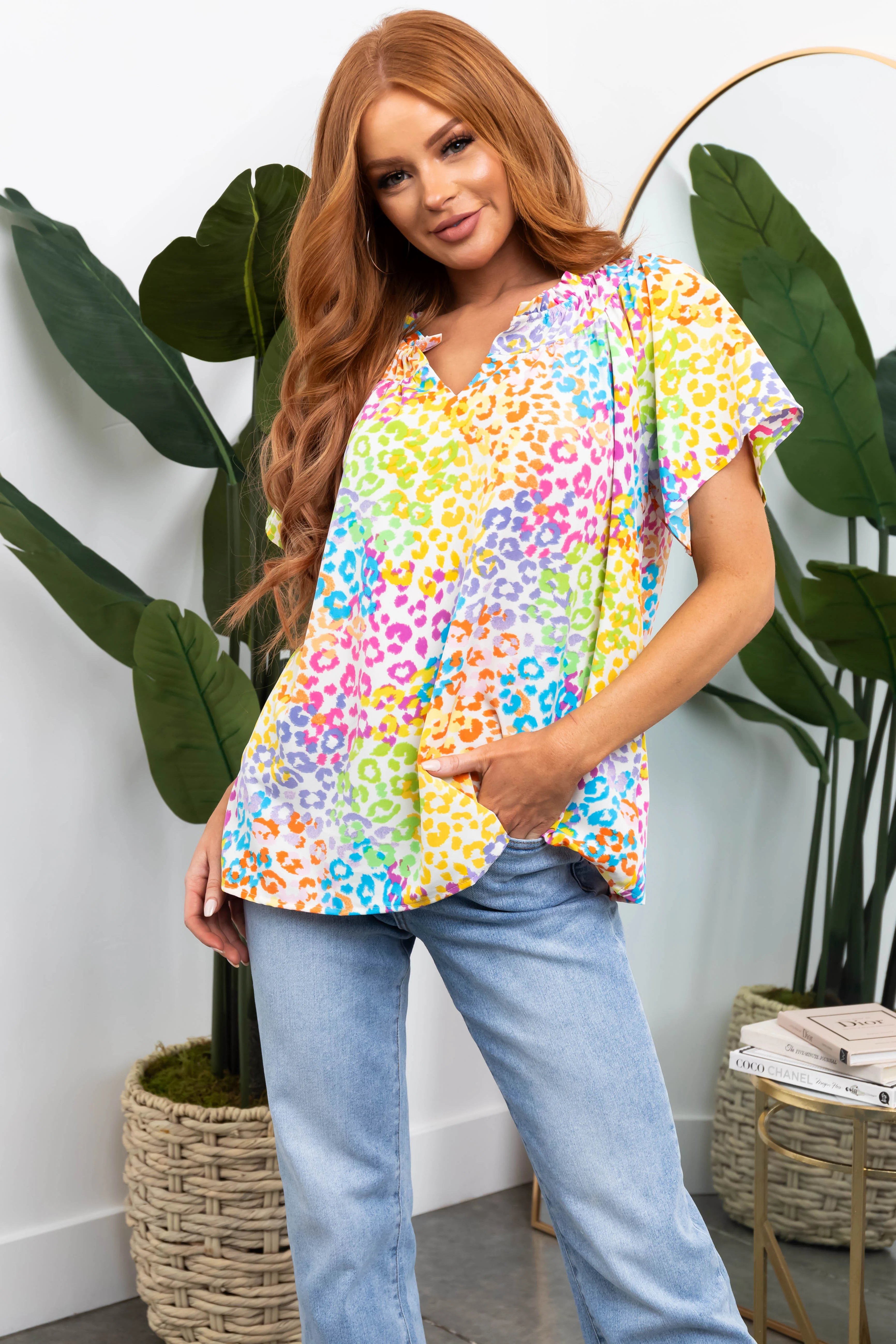 Ivory Leopard Print Short Sleeve V Neck Top - LD SALE