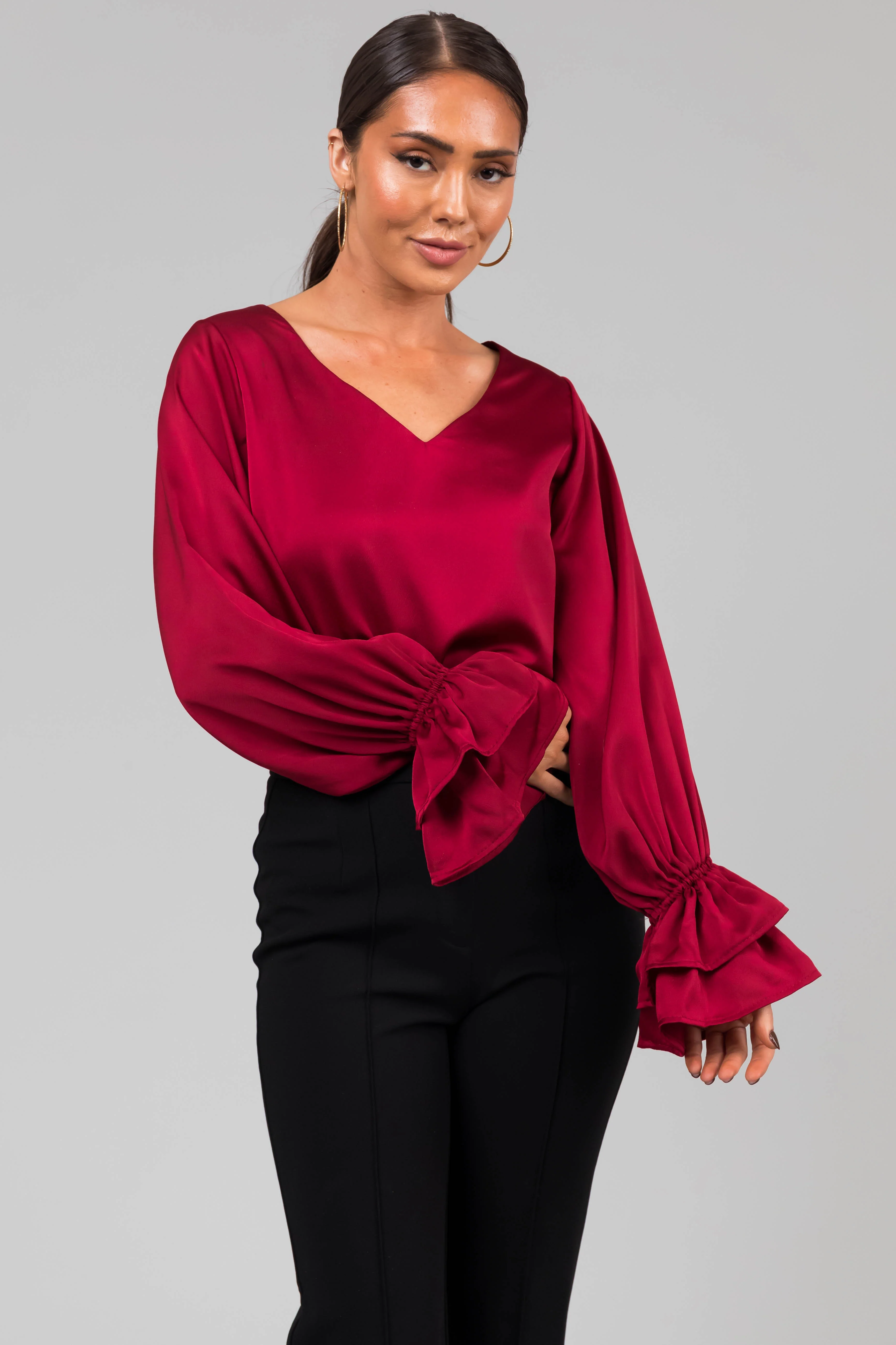 Burgundy V Neck Ruffle Cuff Satin Blouse - LD SALE