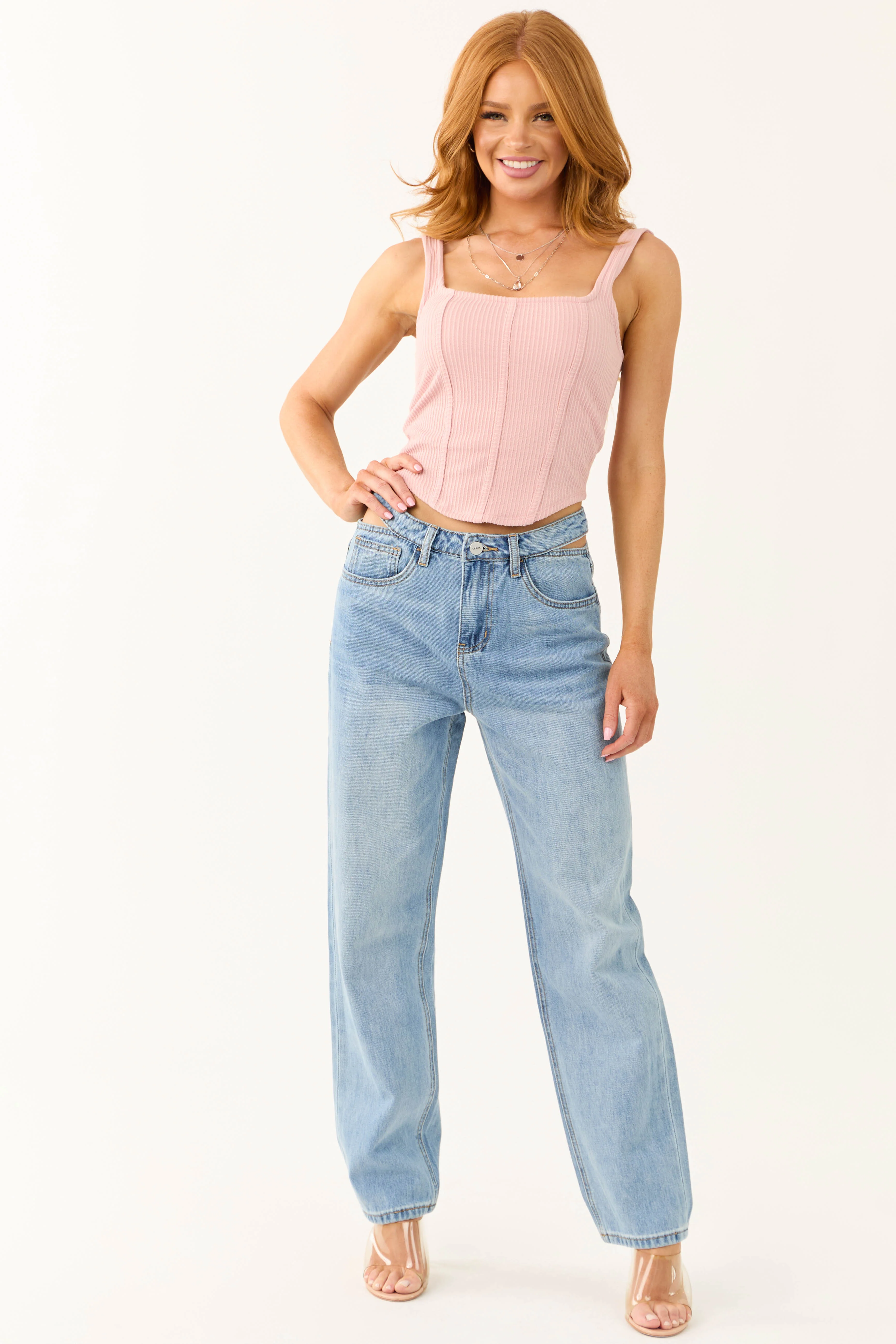 Blush Square Neck Ribbed Corset Tank Top - LD SALE