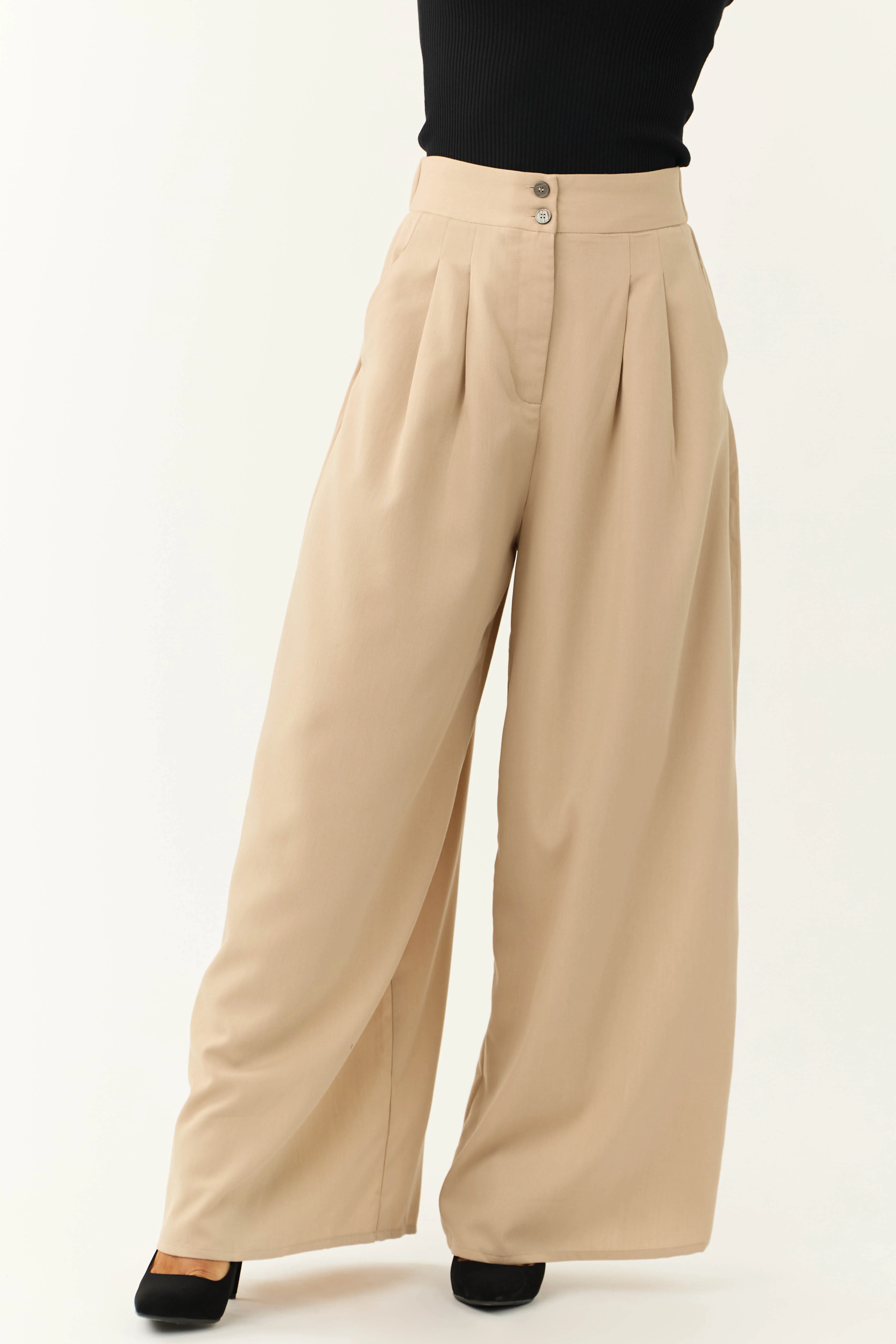 Camel Pleated Wide Leg High Waist Pants - LD SALE