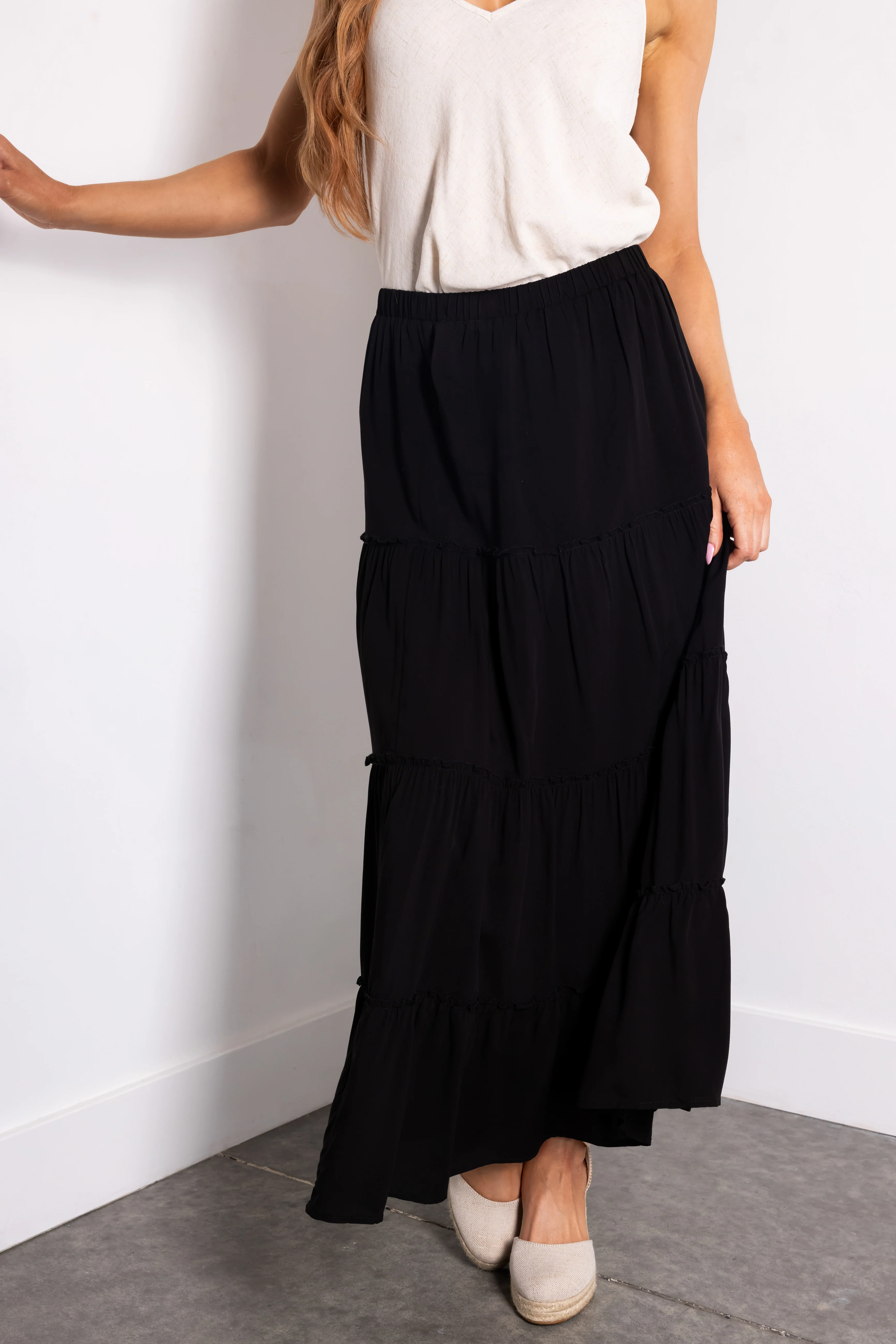 Black Tiered Elastic Waist Woven Maxi Skirt - LD SALE