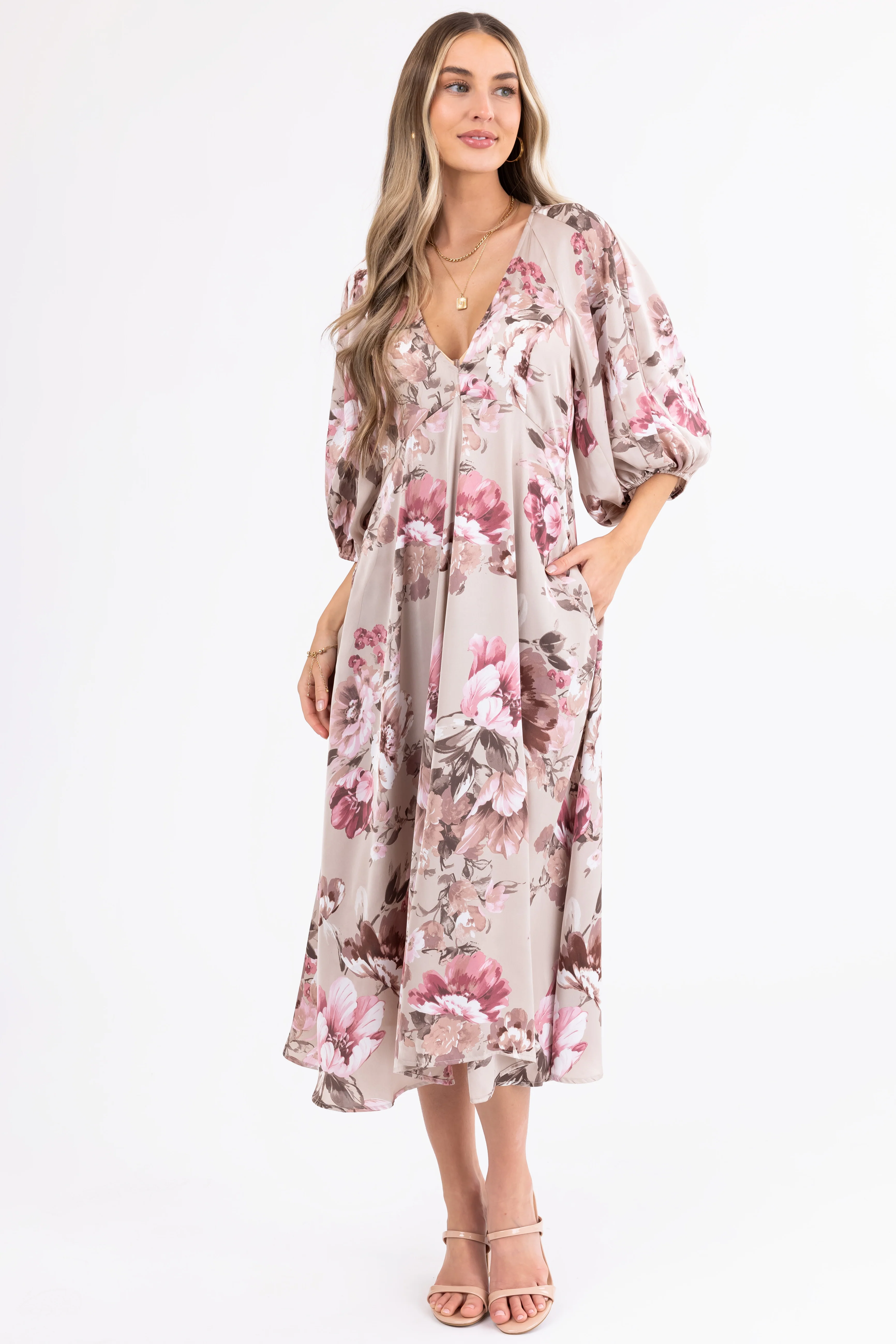 Latte Floral Print Deep V Neck Satin Maxi Dress - LD SALE